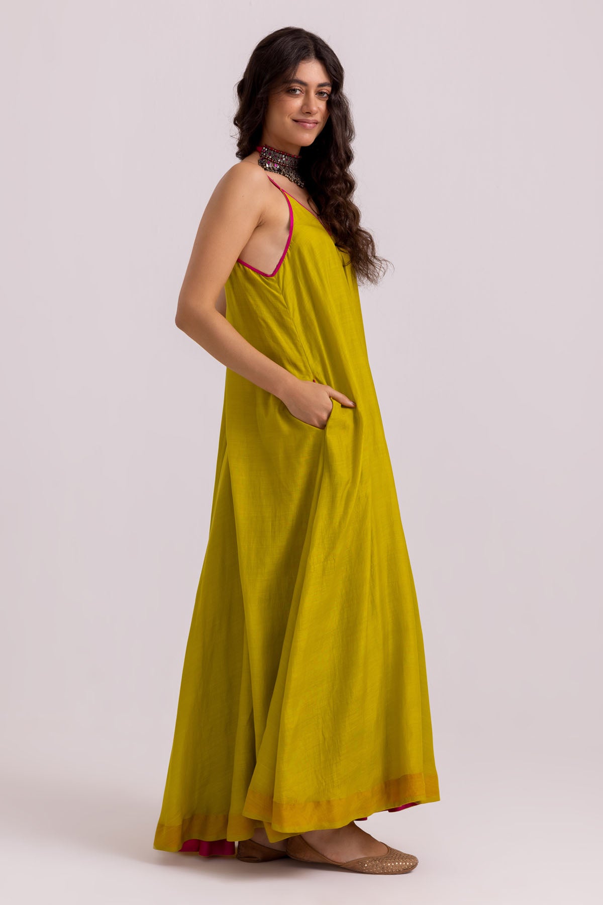 Green Cotton Silk Flowy Dress