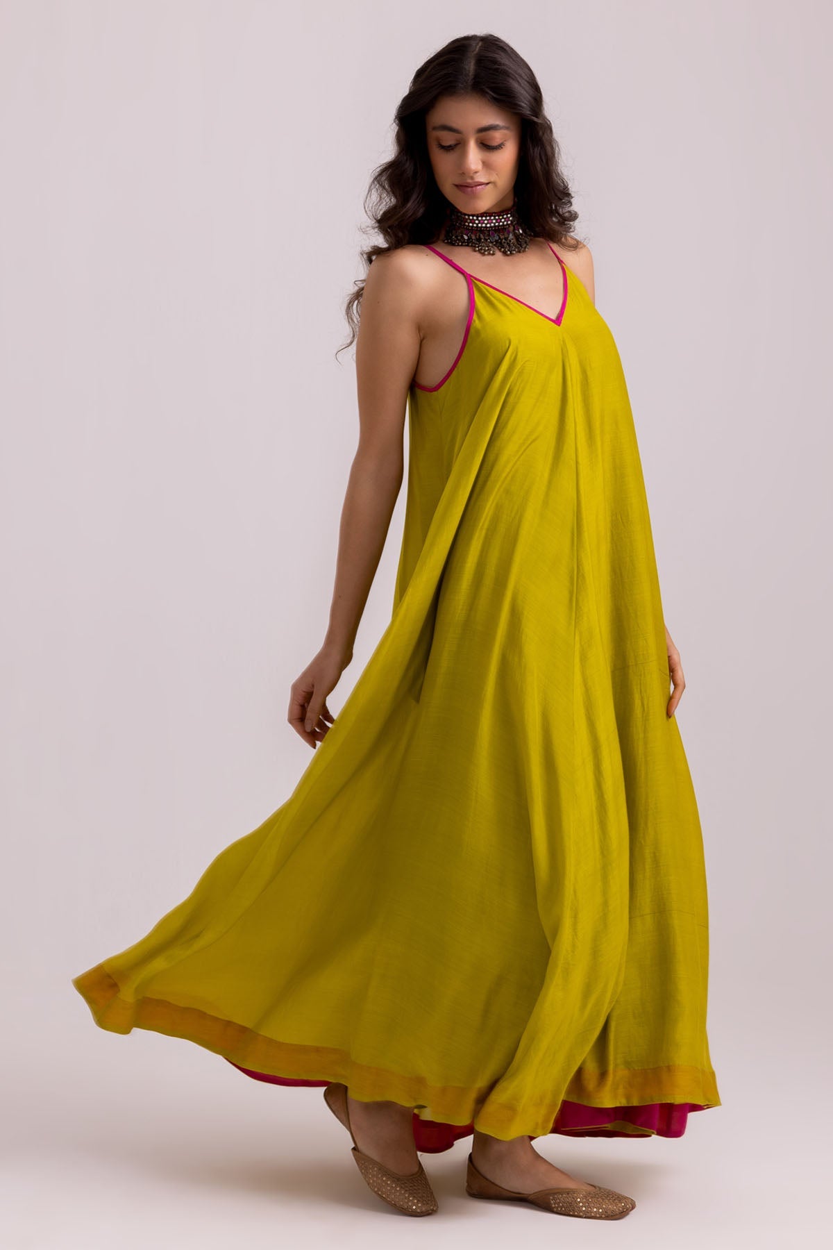 Label Shreya Sharma Green Cotton Silk Flowy Dress for women online at ScrollnShops