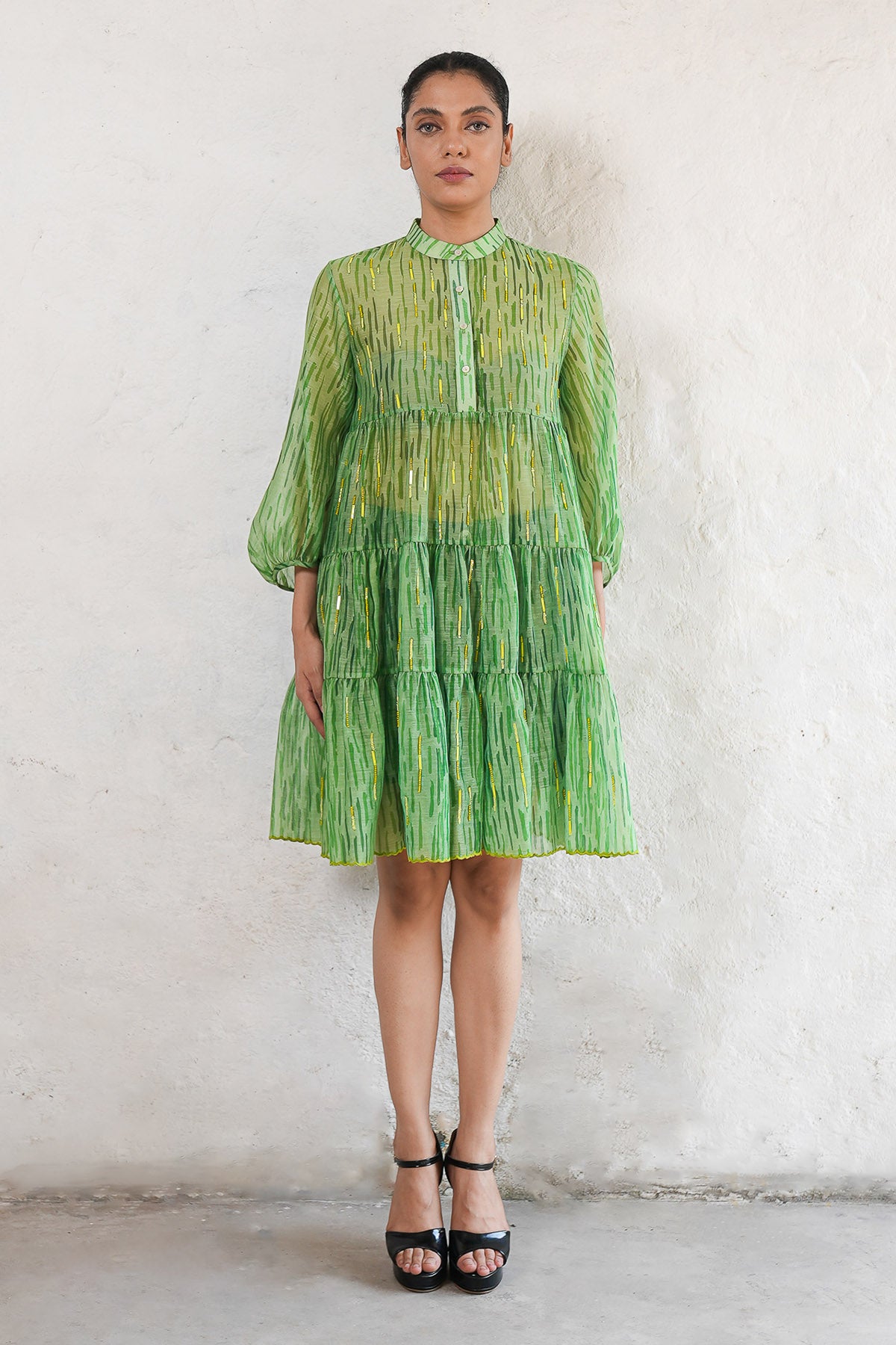 Green Cotton Silk Printed Dress
