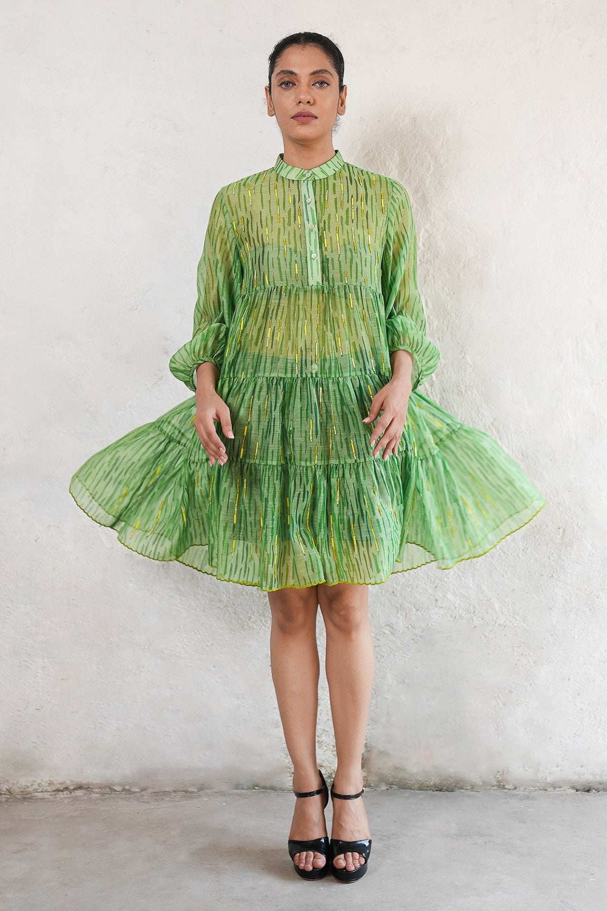 Buy Green Cotton Silk Printed Dress by Saksham Neharicka for women online at ScrollnShops
