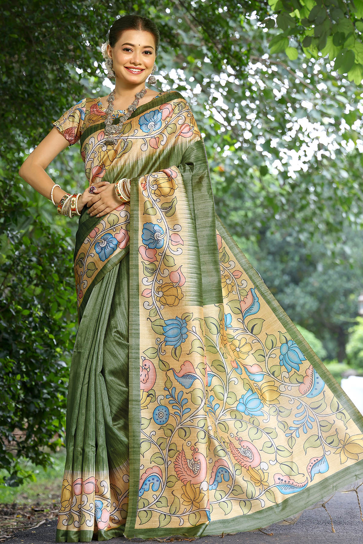 Buy Green Cotton Silk Printed Saree by Lili Lala for women online at ScrollnShops