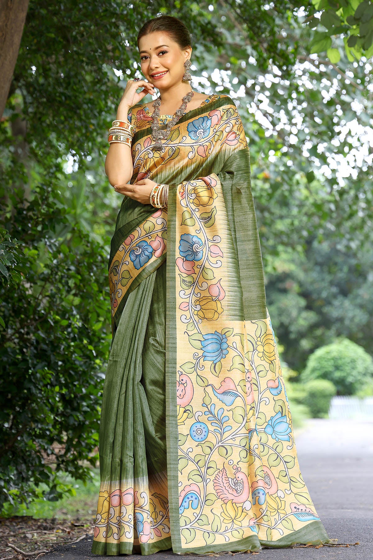 Green Cotton Silk Printed Saree