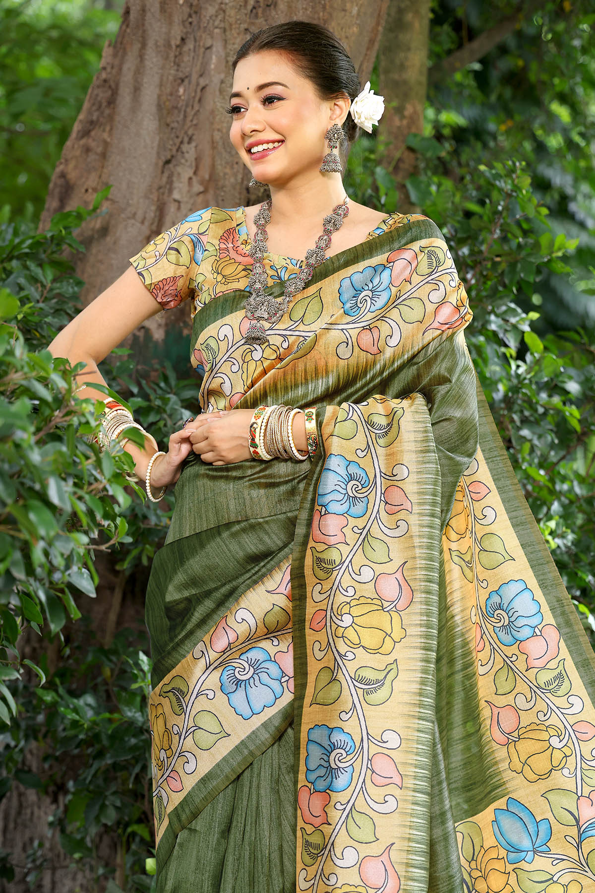 Green Cotton Silk Printed Saree