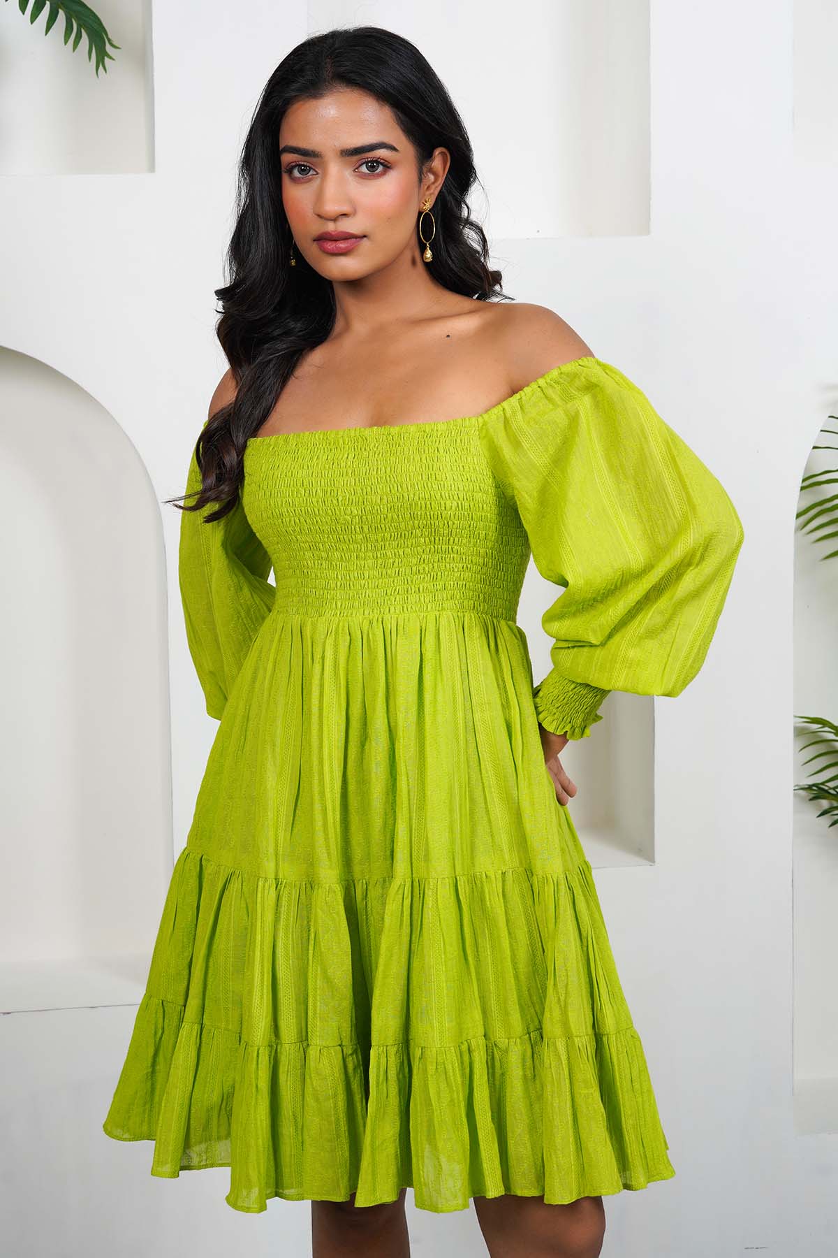 Green Cotton Smocked Mini Dress