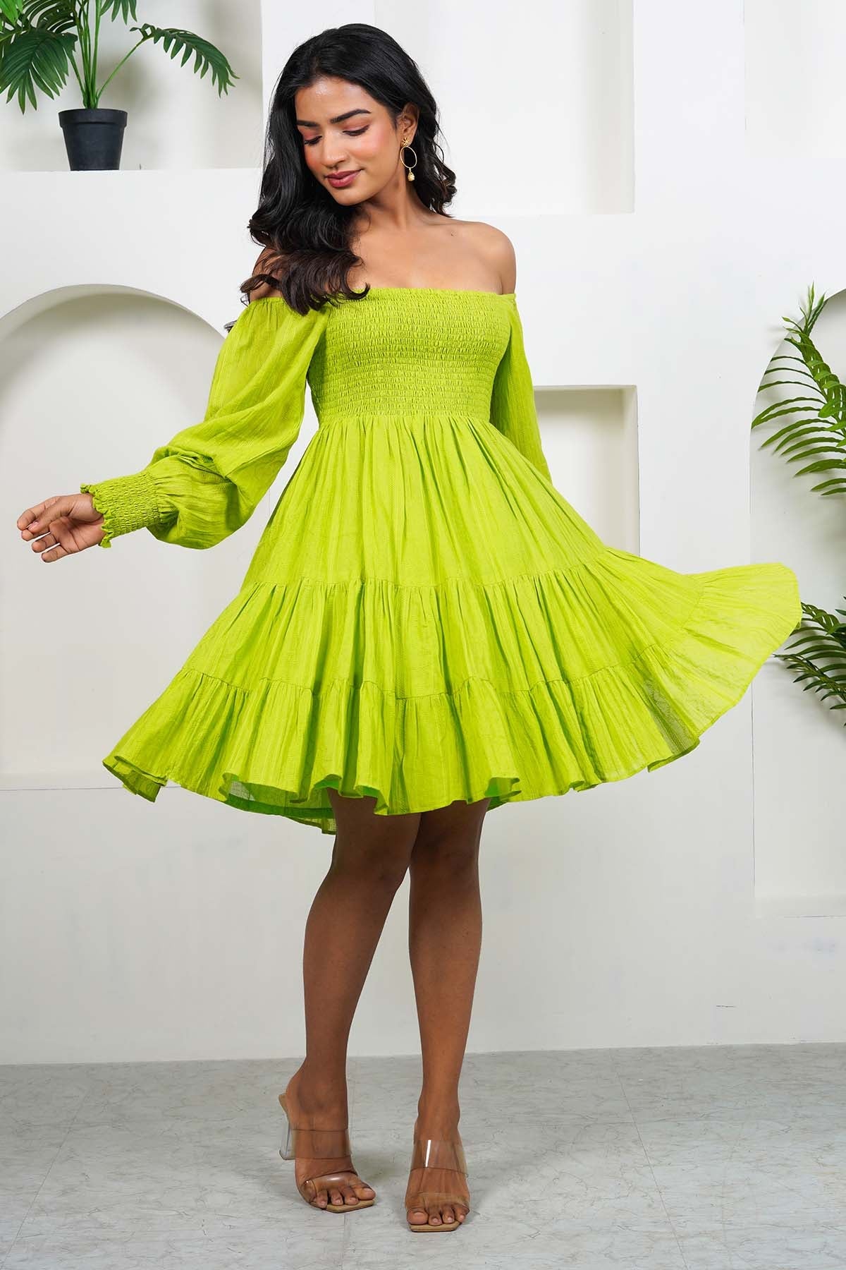 Imrie Green Cotton Smocked Mini Dress for women online at ScrollnShops