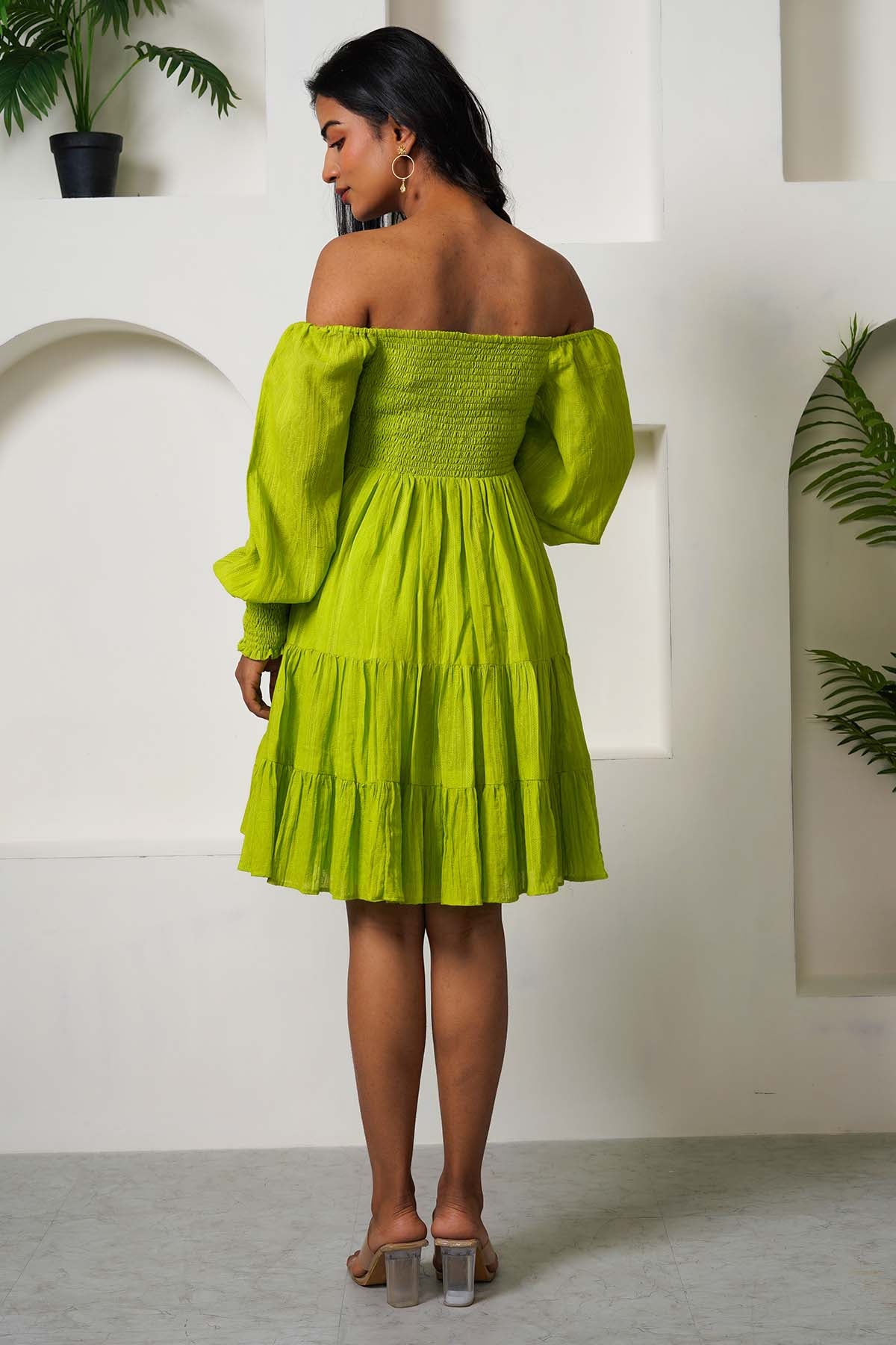 Green Cotton Smocked Mini Dress