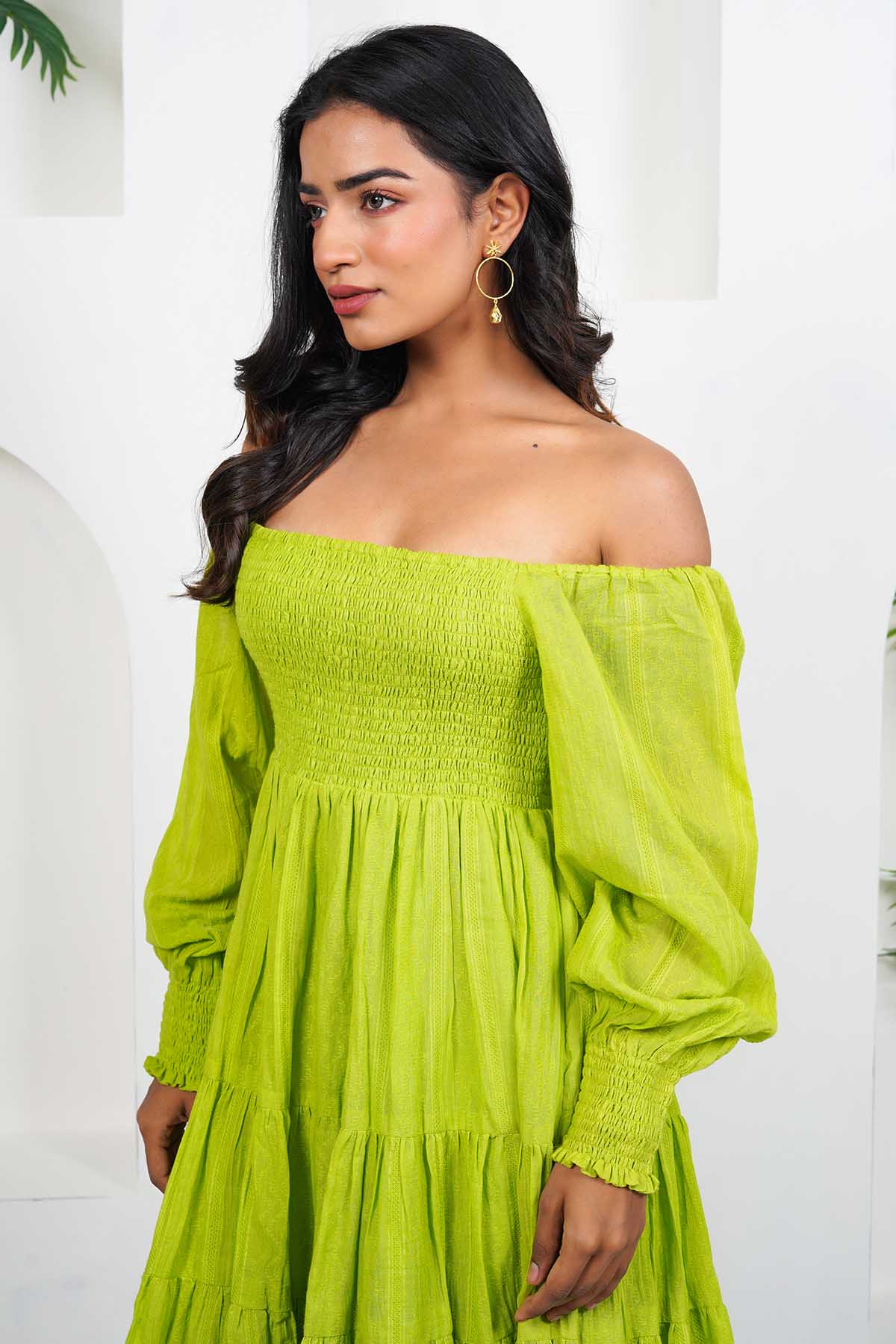 Green Cotton Smocked Mini Dress