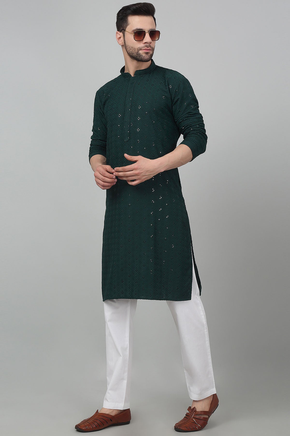 Green Cotton Thread Kurta Set