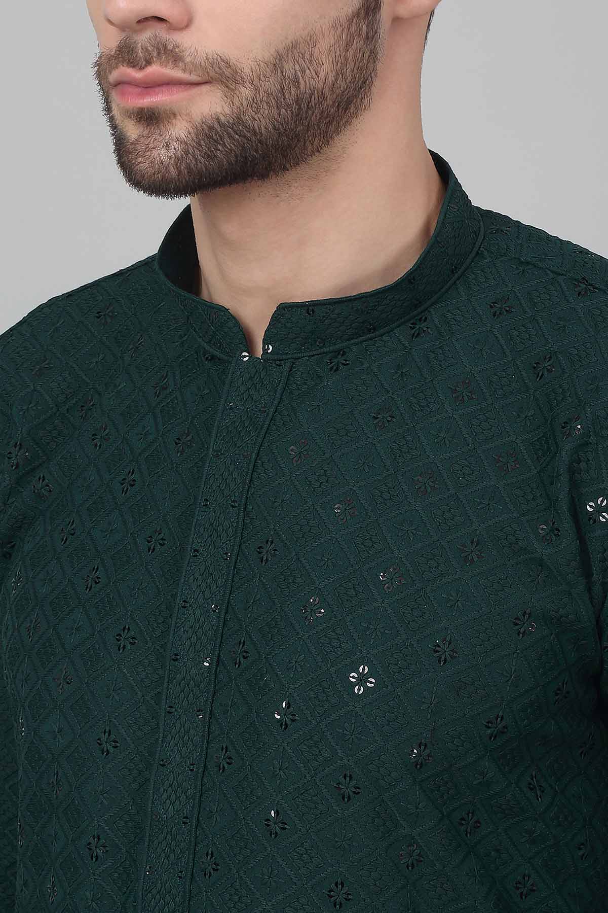 Green Cotton Thread Kurta Set
