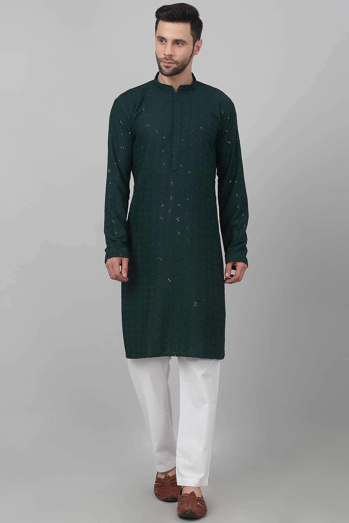 Green Cotton Thread Kurta Set