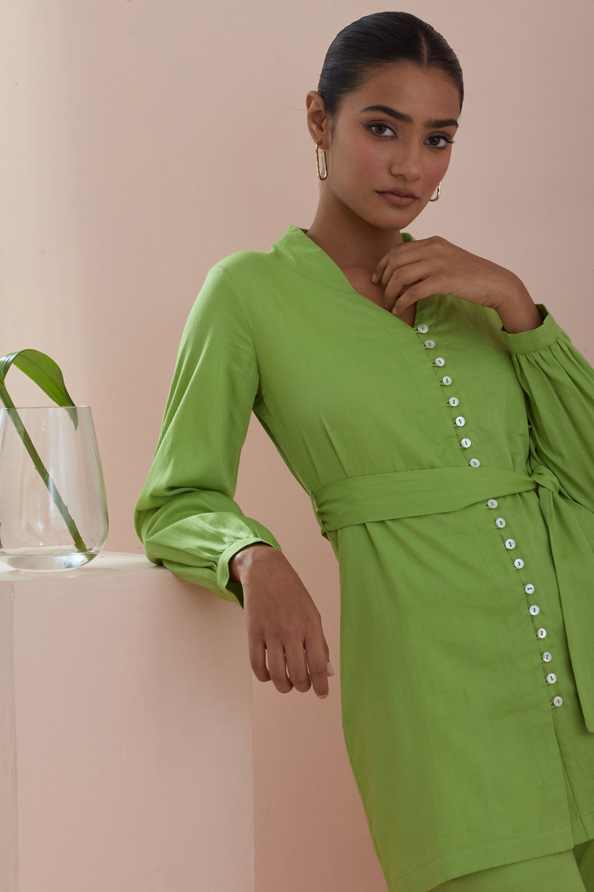 Green Cotton V-Neck Co-ord Set