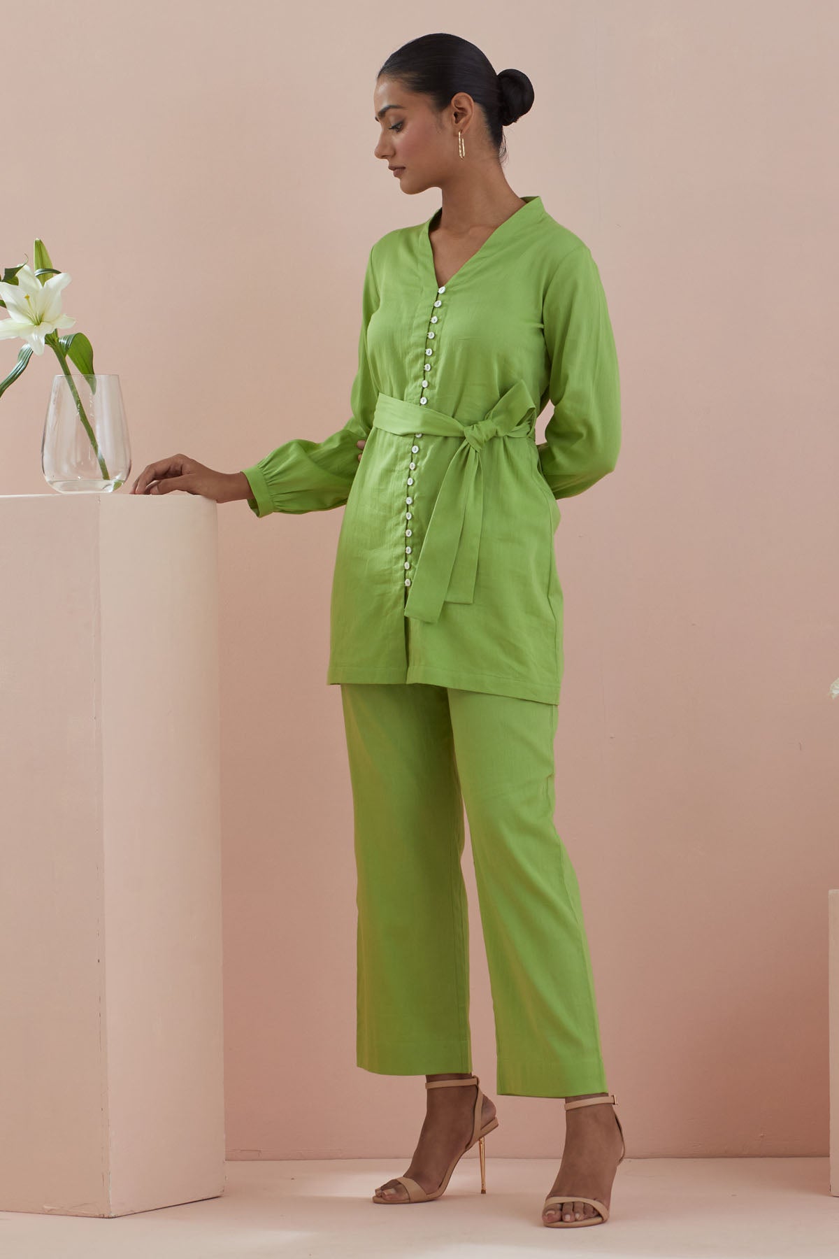 Green Cotton V-Neck Co-ord Set