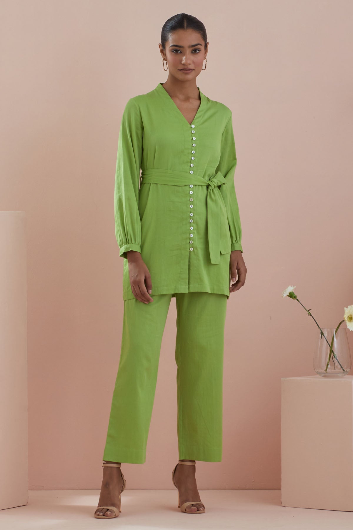 Vinusto Green Cotton V-Neck Co-ord Set for women online at ScrollnShops