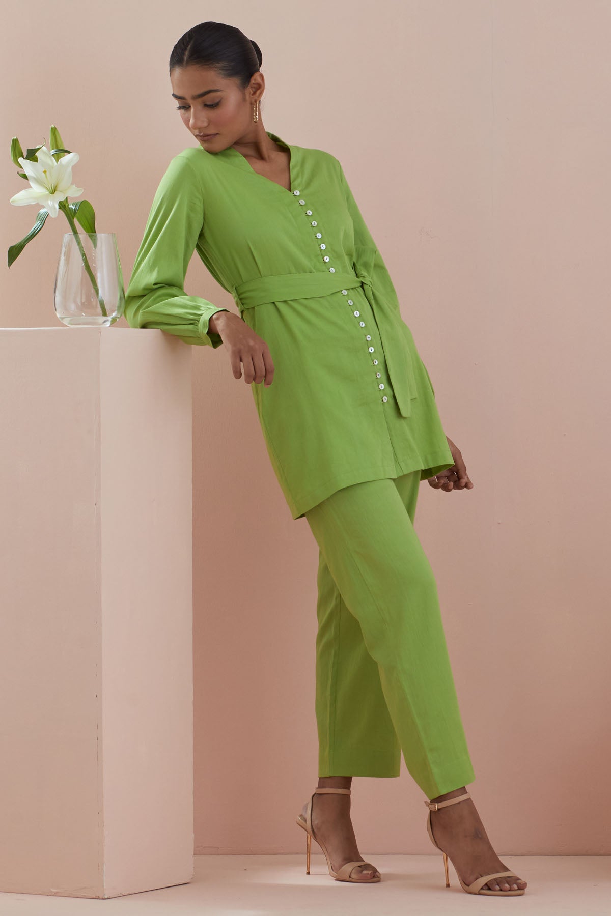 Green Cotton V-Neck Co-ord Set