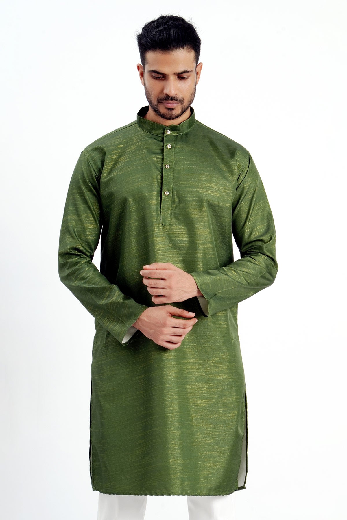 Green Cotton Zari Worked Kurta