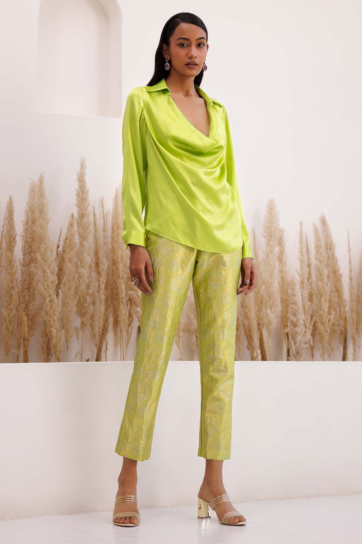 Green Cowl Top & Brocade Pants
