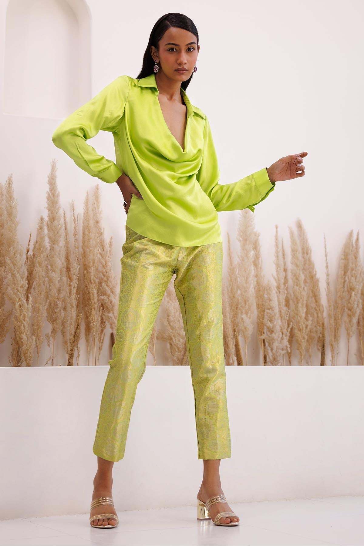 Chhaya Mehrotra Green Cowl Top & Brocade Pants for women online at ScrollnShops