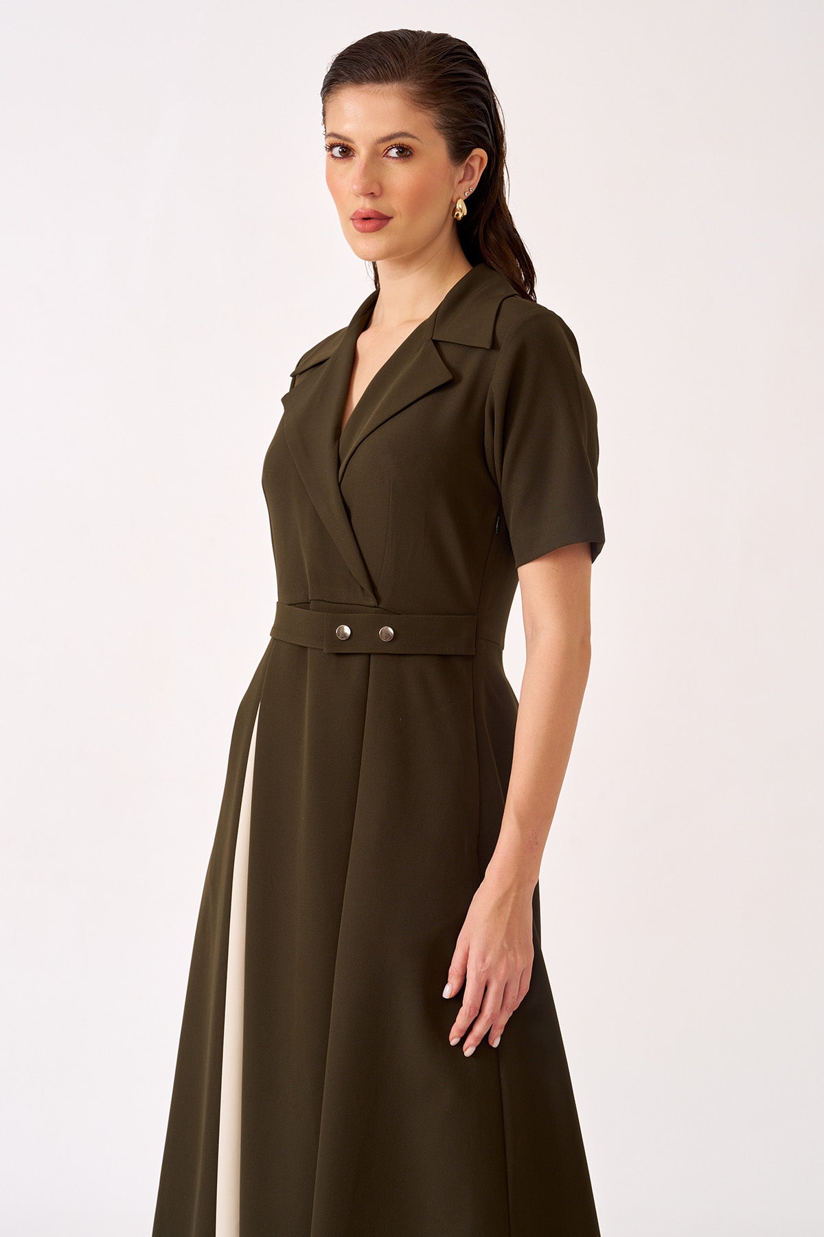 Green & Cream Crepe Midi Dress