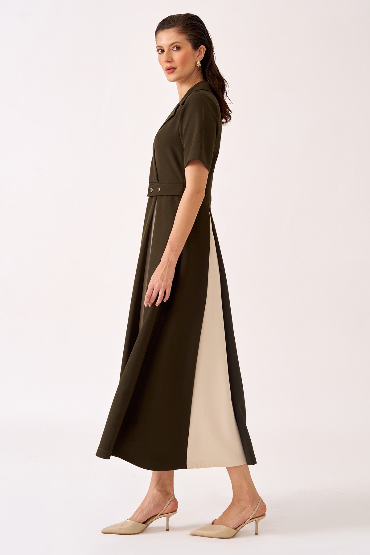 Green & Cream Crepe Midi Dress