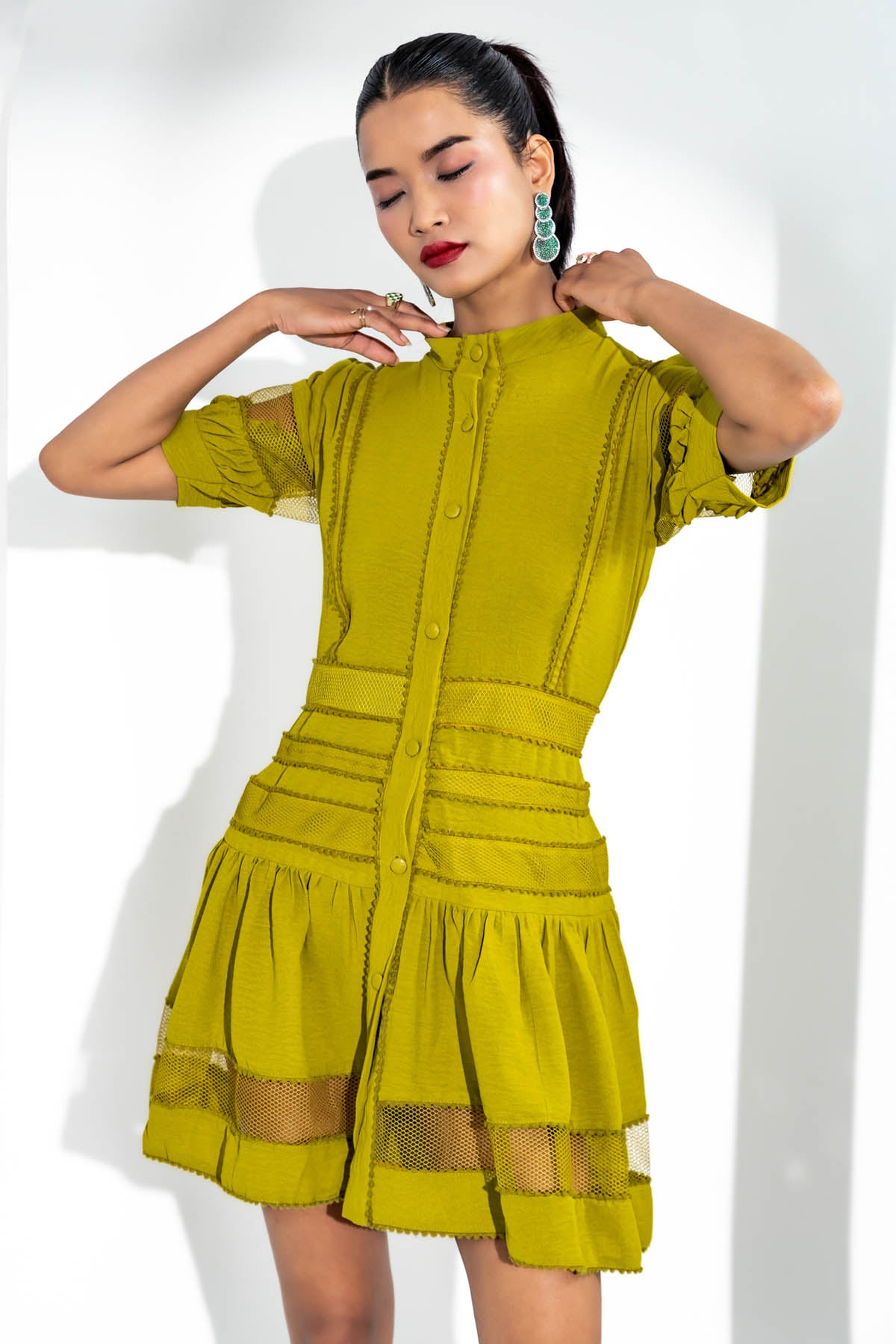 Buy Enness Studio Green Crepe Flared Mini Dress for women