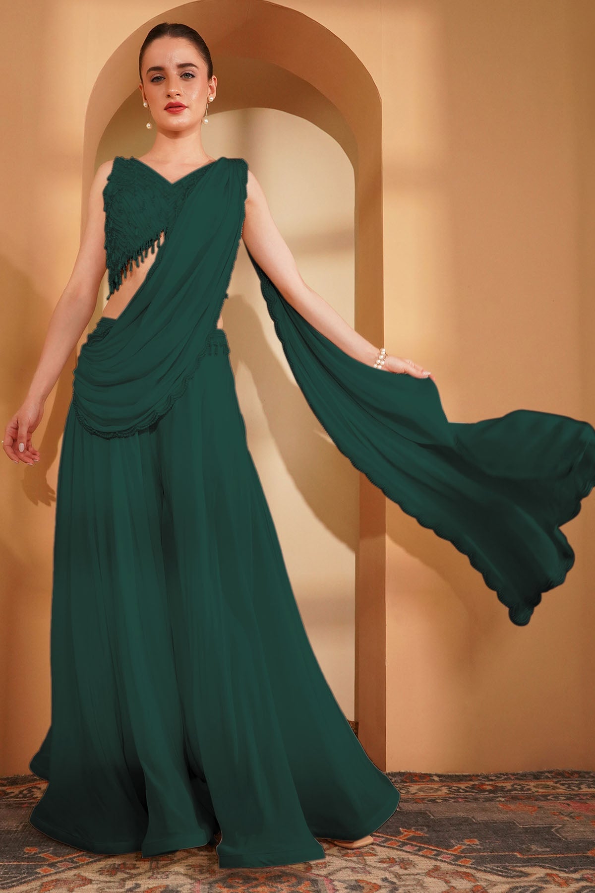 Buy Green Crepe Indo-Western Set for women by Milu Madan online available at scrollnshops