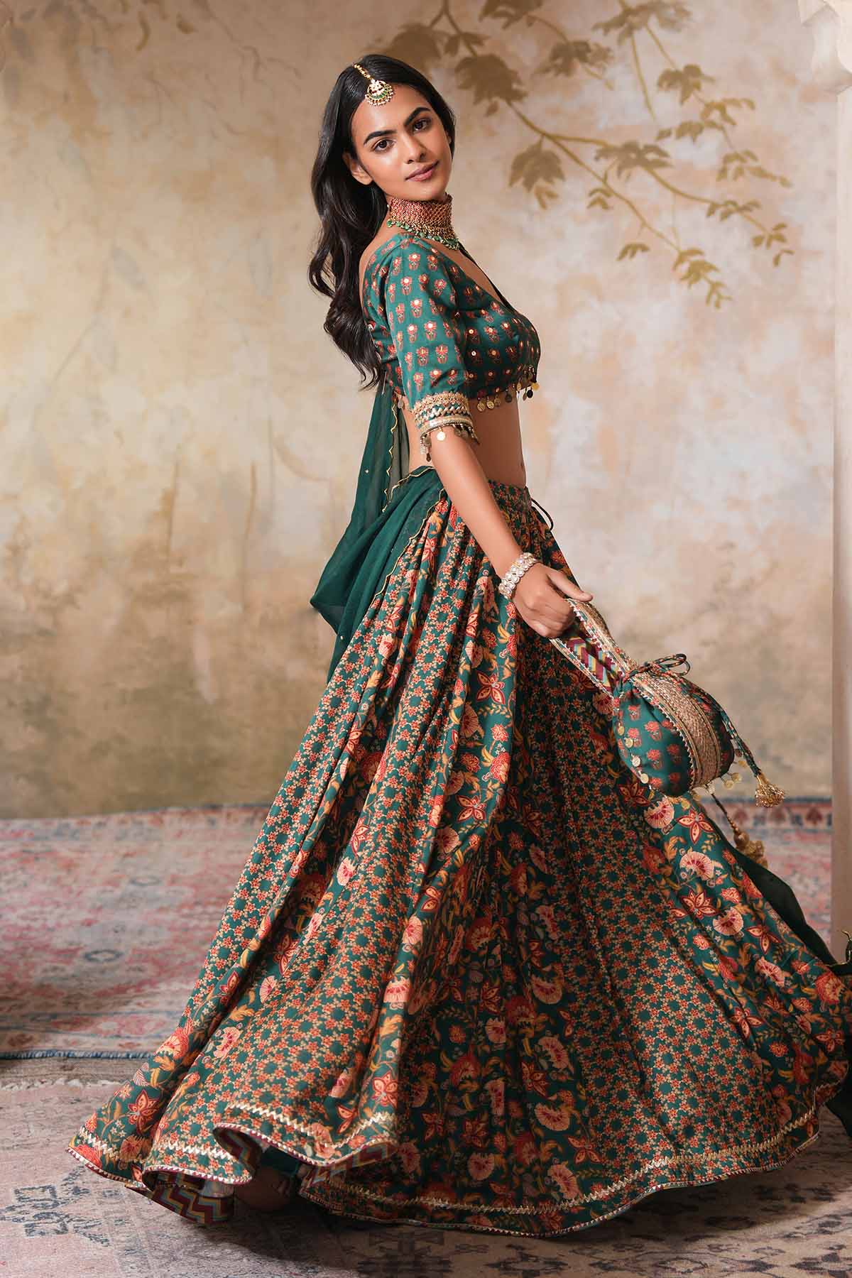 Green Crepe Silk Lehenga Set