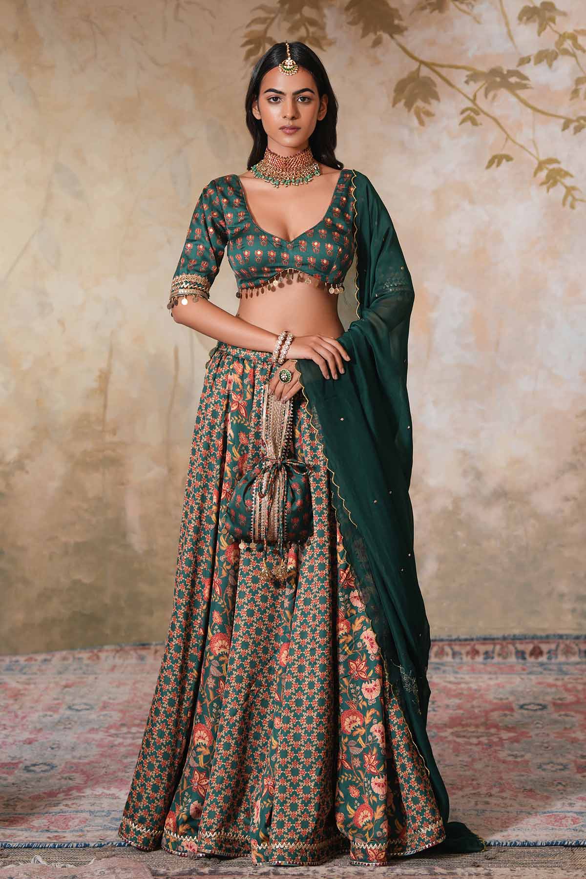 Green Crepe Silk Lehenga Set