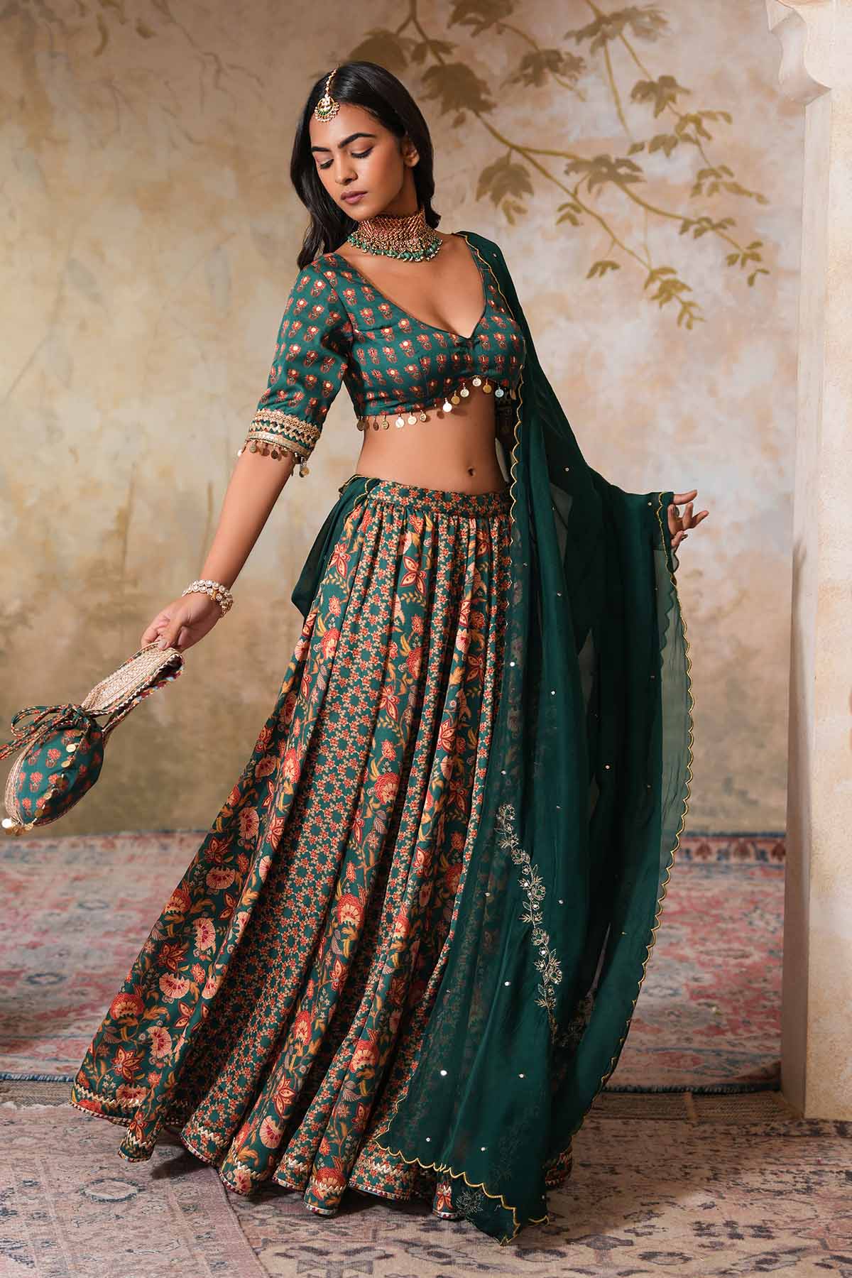 Buy Green Crepe Silk Lehenga Set by Ugna by Unnati for women online at ScrollnShops