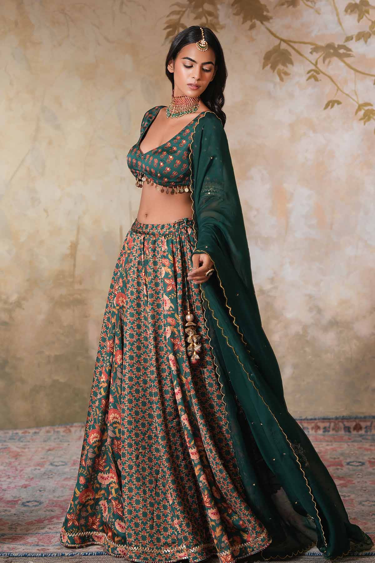 Green Crepe Silk Lehenga Set