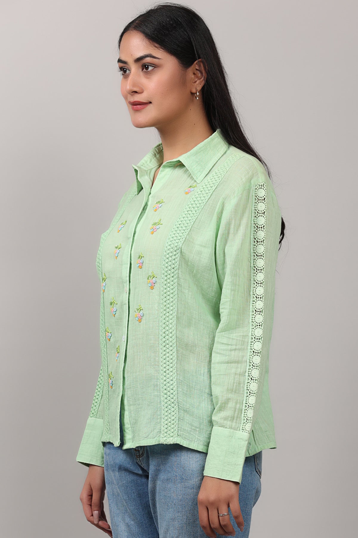 Green Crochet Lace Detail Shirt