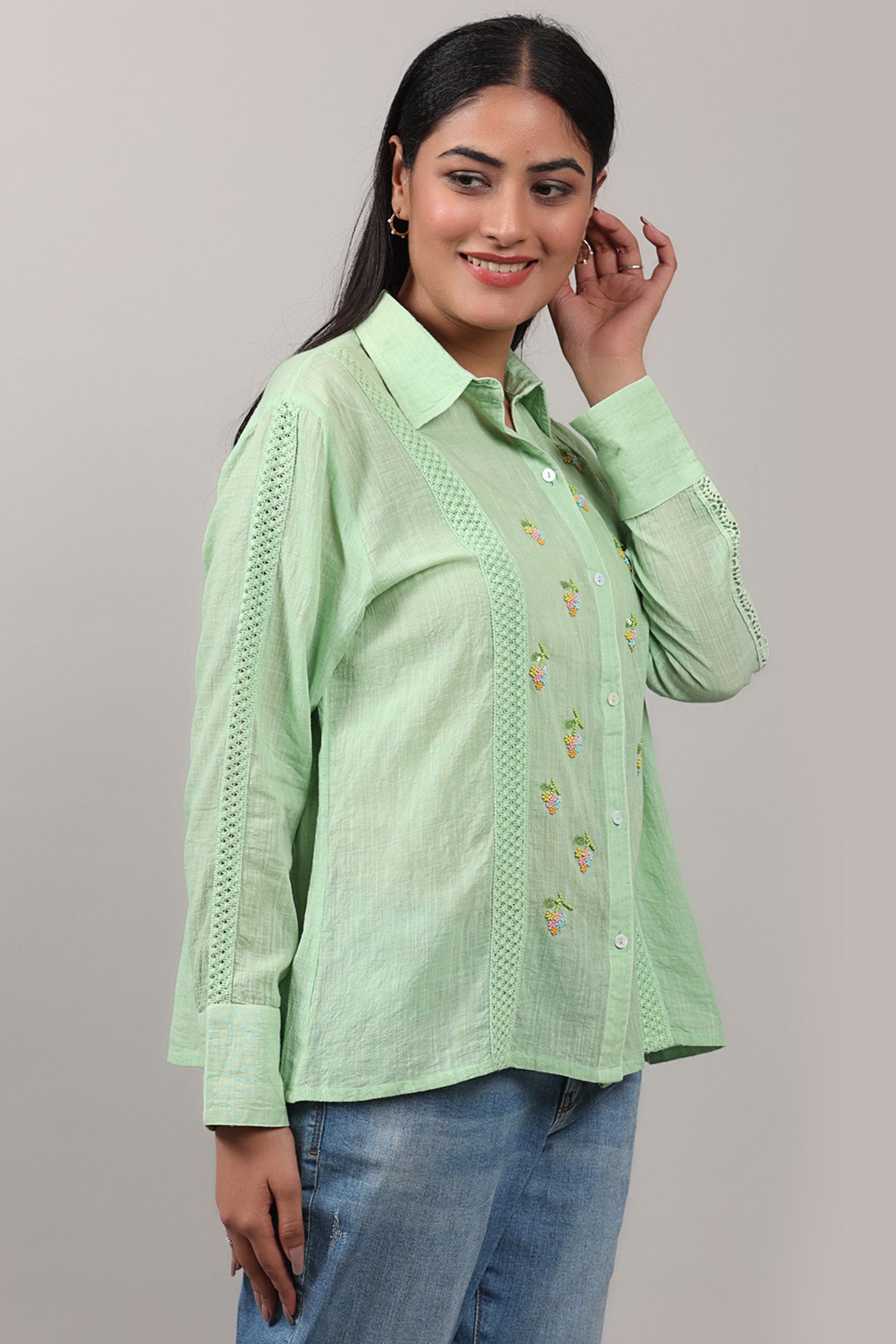 Green Crochet Lace Detail Shirt
