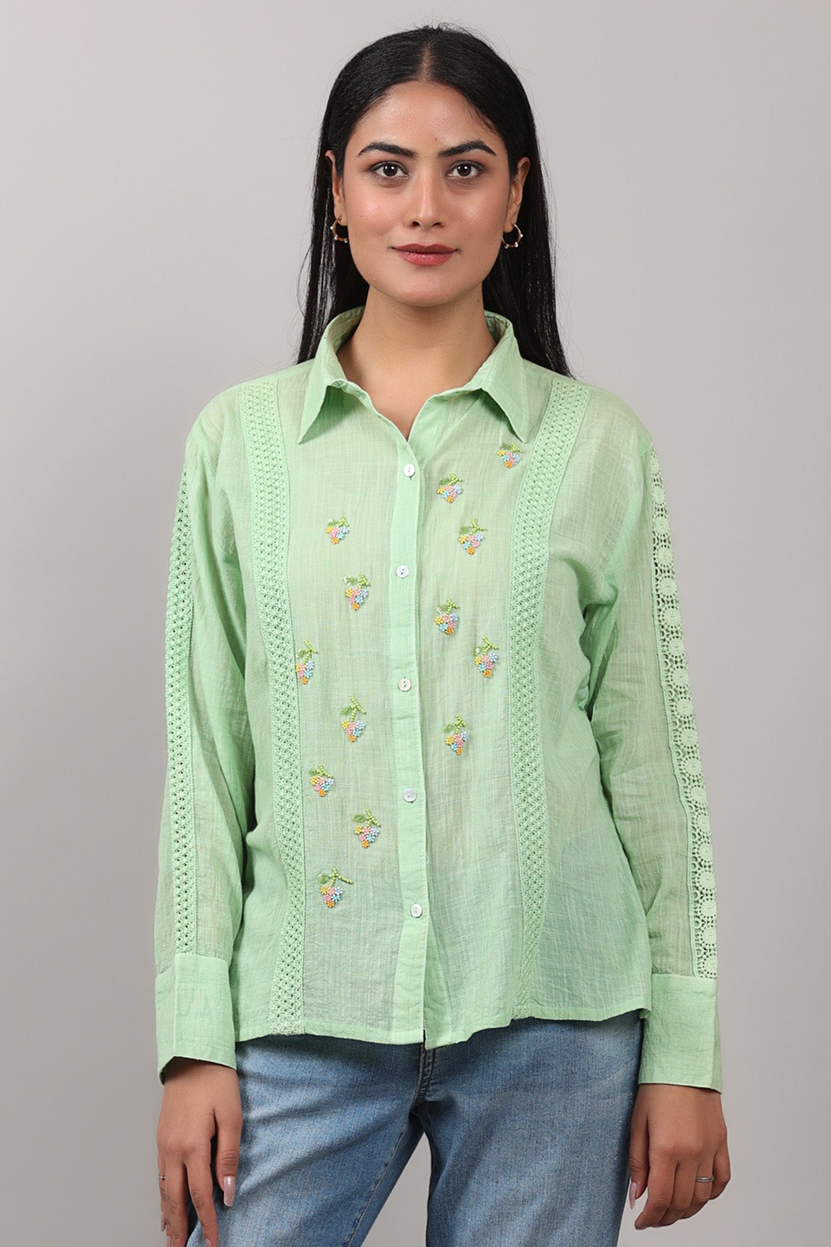 Buy Green Crochet Lace Detail Shirt by OSKOS for women online at ScrollnShops