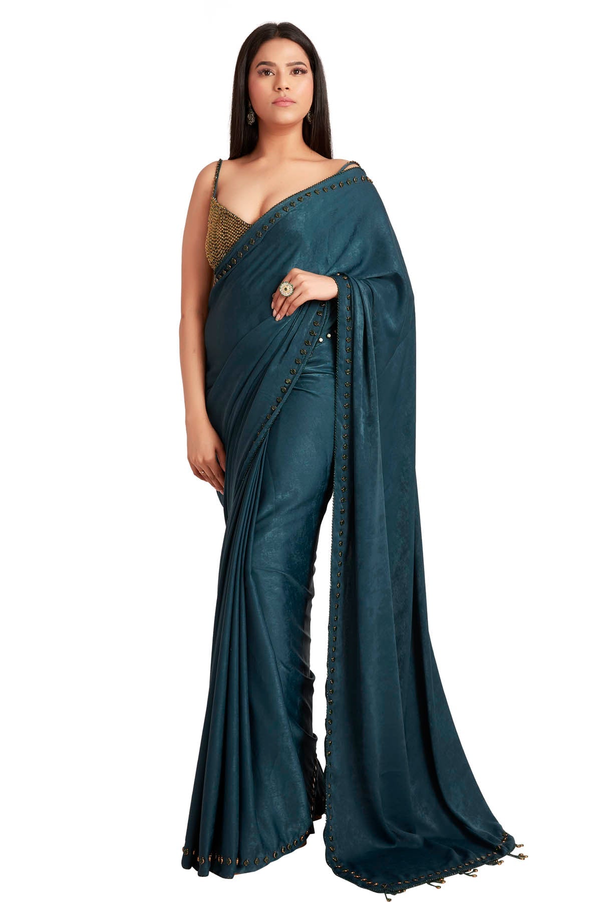 Vastra by Mala Munde Green Crystal Embroidered Saree for women online at ScrollnShops