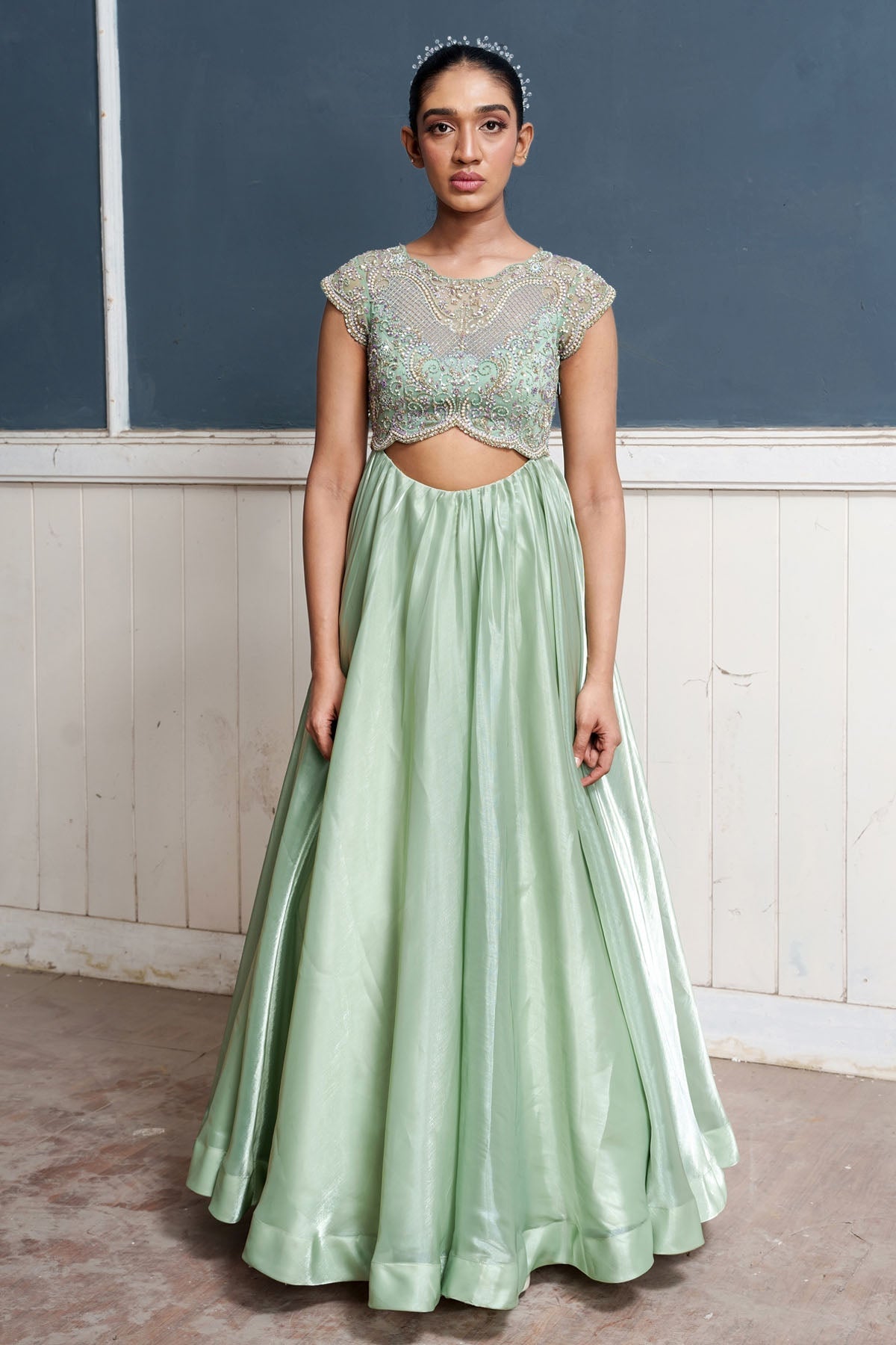 Seharre Green Cut-Out Embroidered Gown for women online at ScrollnShops