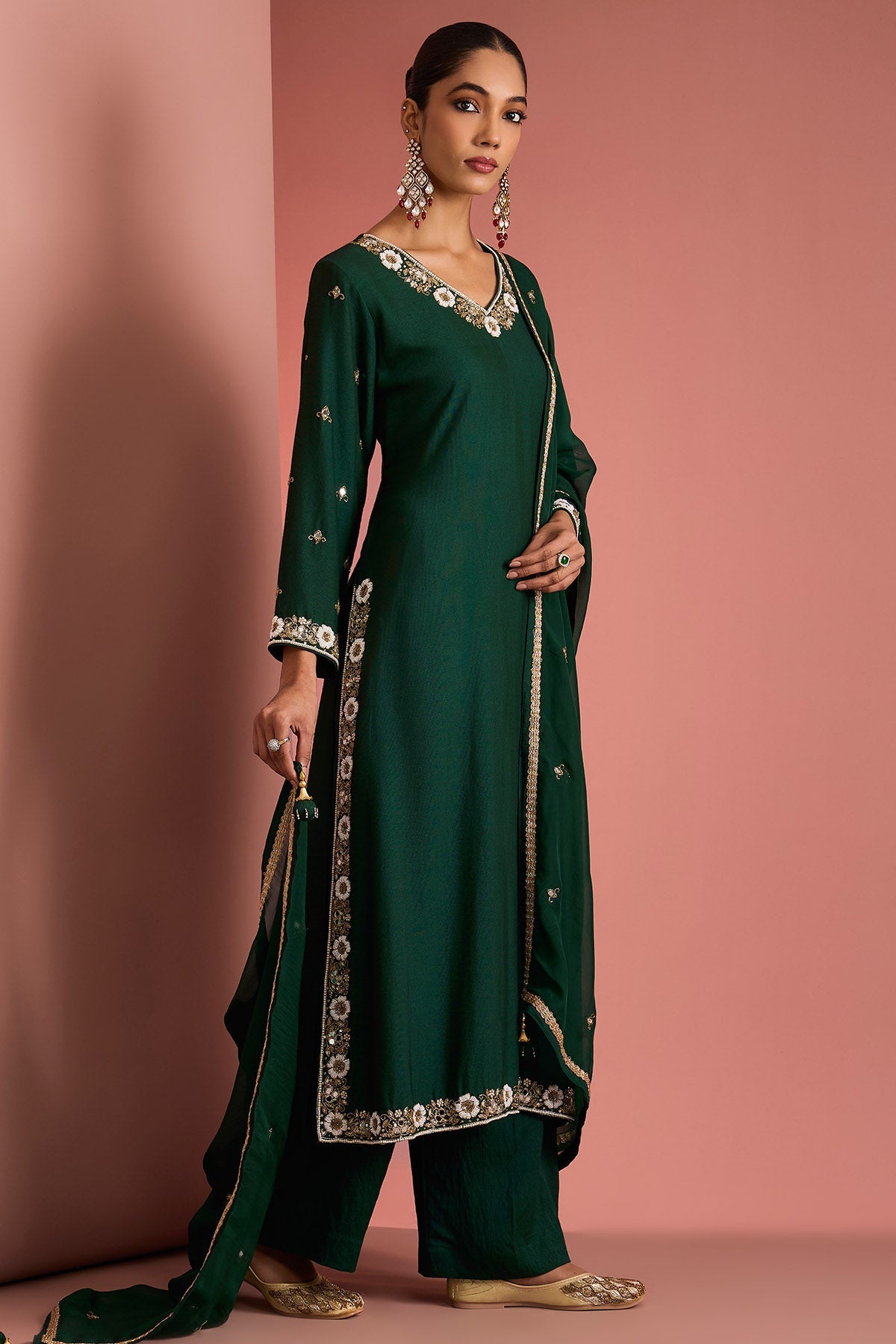 Buy Green Cutdana & Pearl Kurta Set for women by Milu Madan online available at scrollnshops