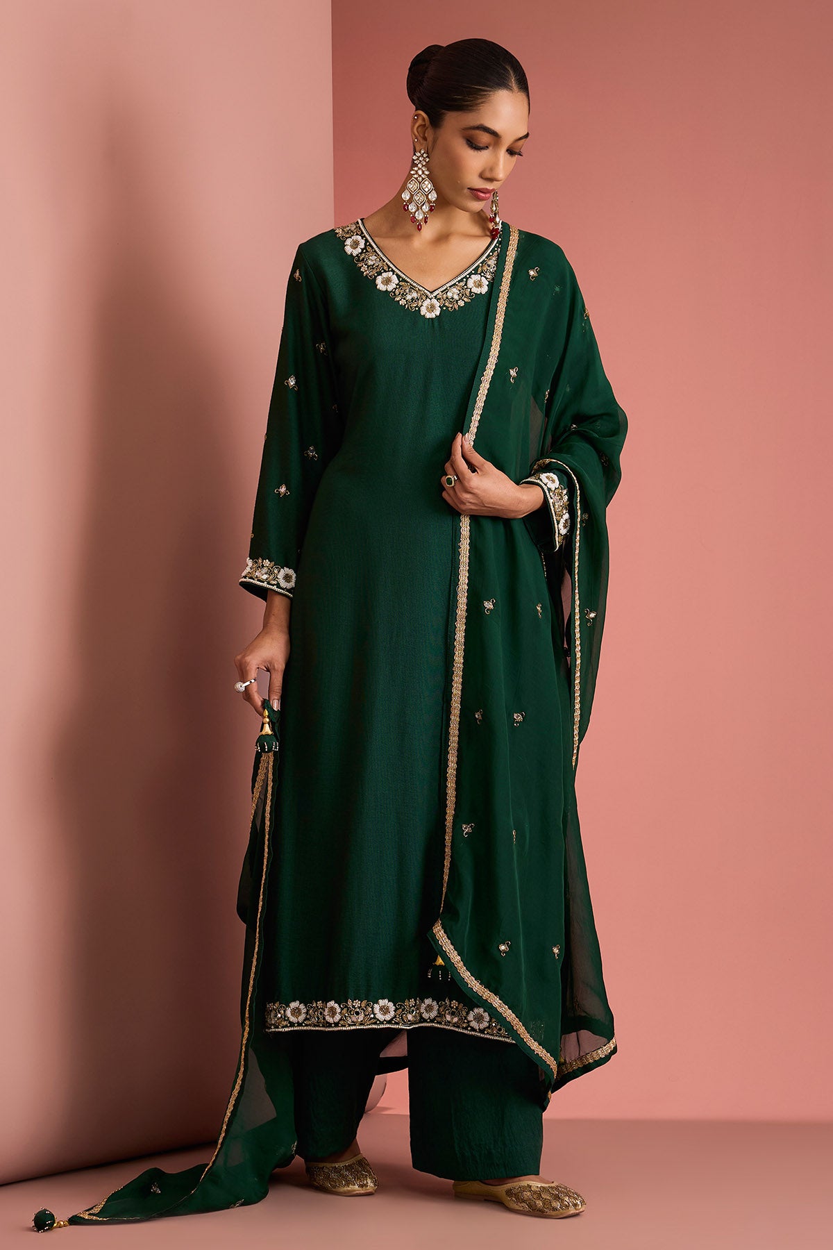 Green Cutdana & Pearl Kurta Set