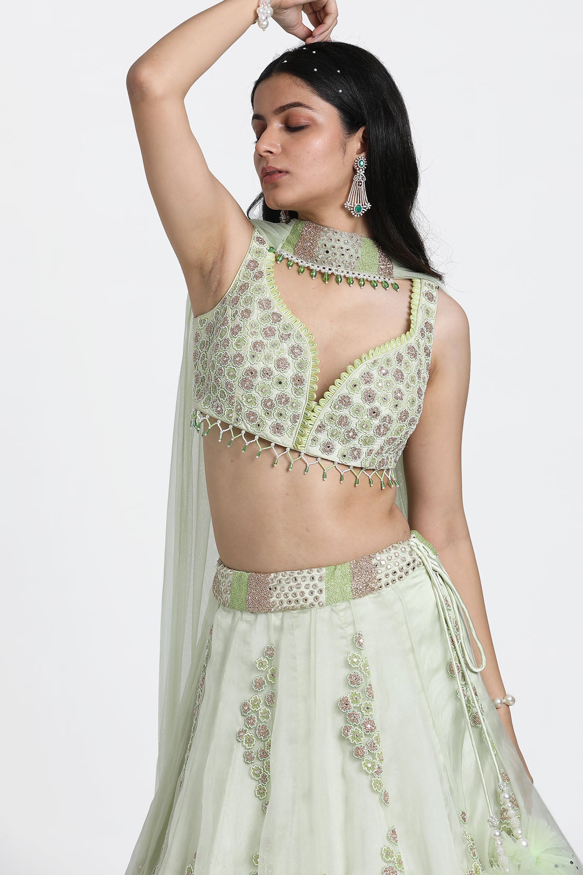 Green Cutdana Work Lehenga Set