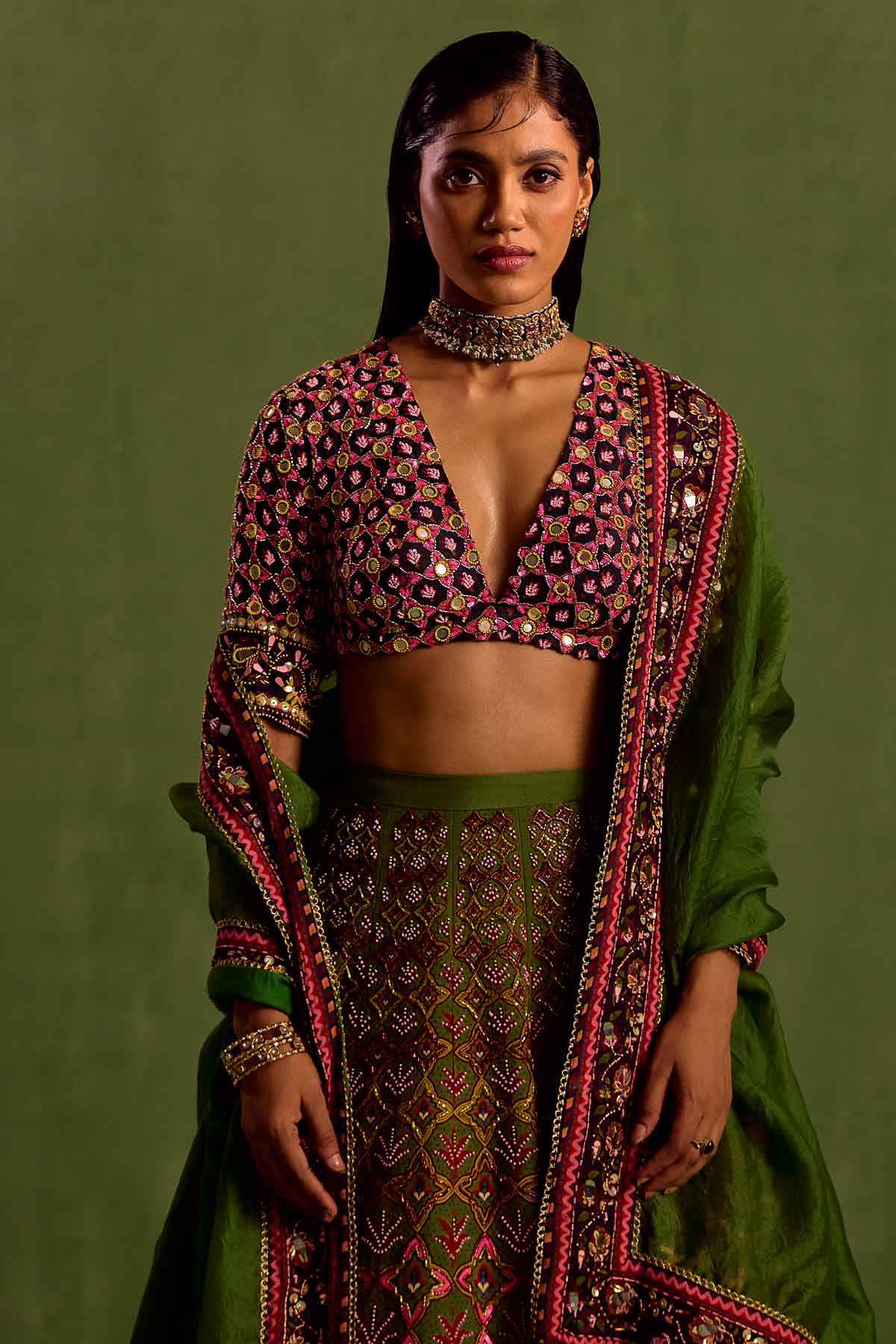 Green Digital Print Lehenga Set