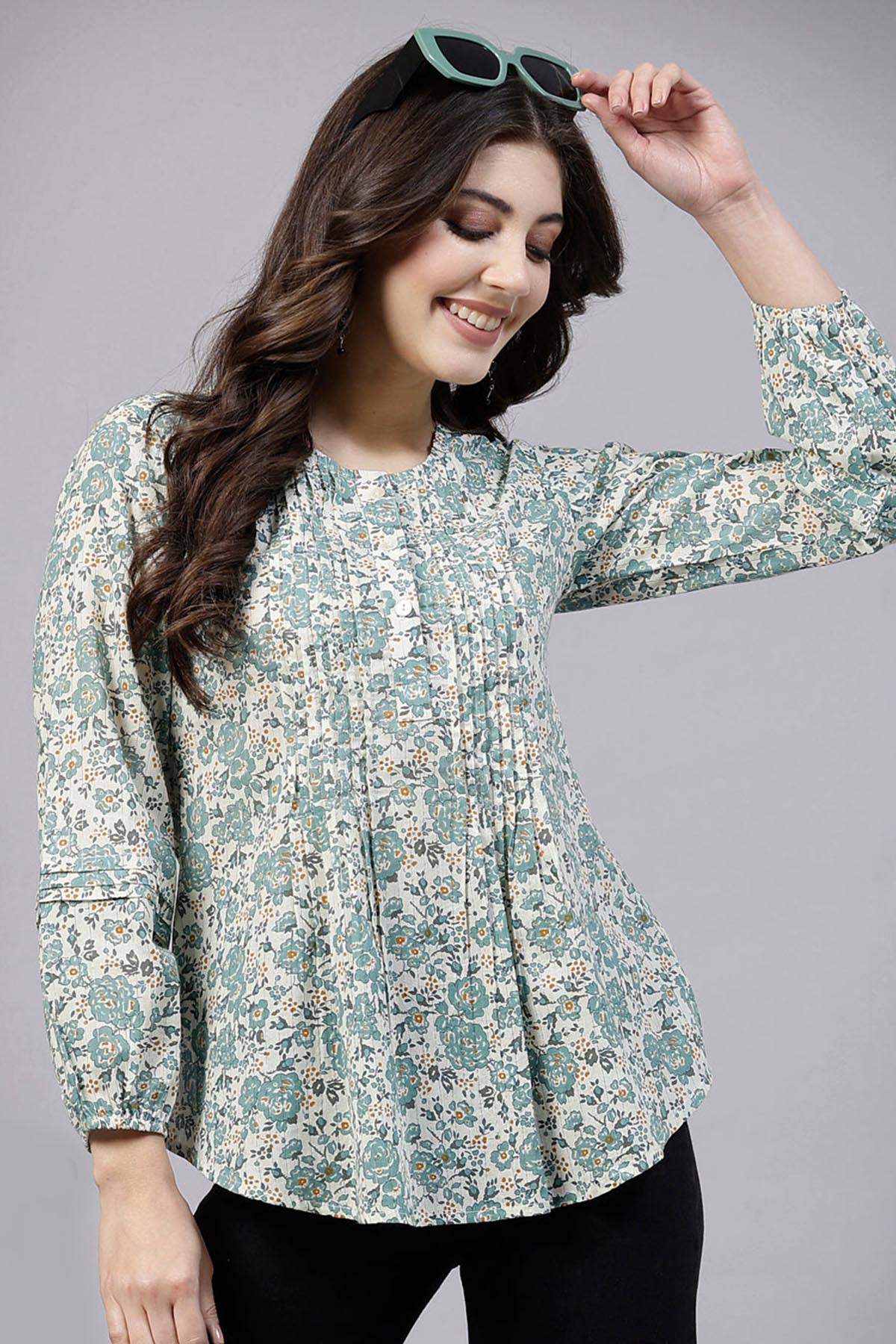 Buy Green Ditsy Printed Pintuck Top for Women by Qomn Designer online available at scrollnshops