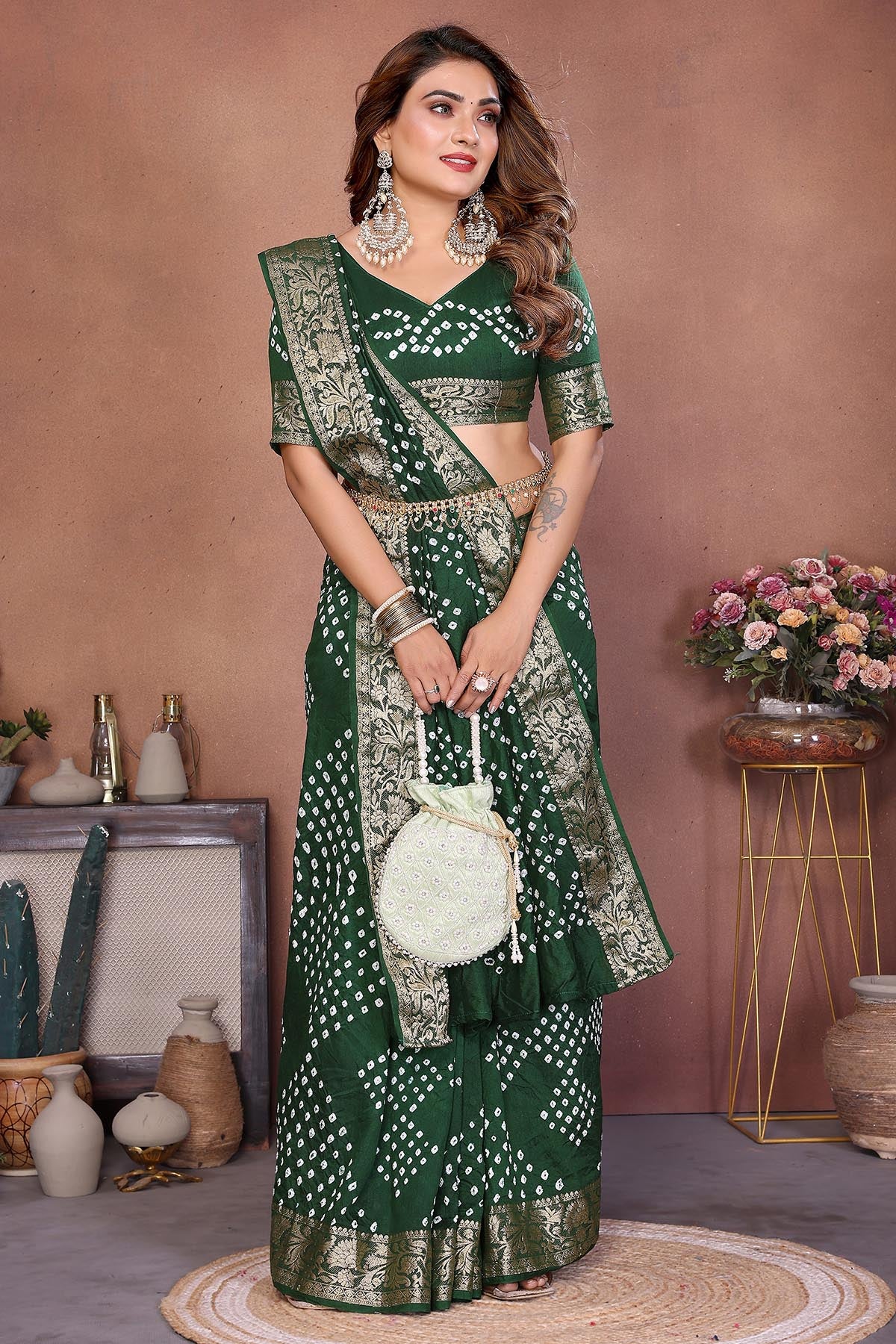 Green Dola Silk Bandhej Saree
