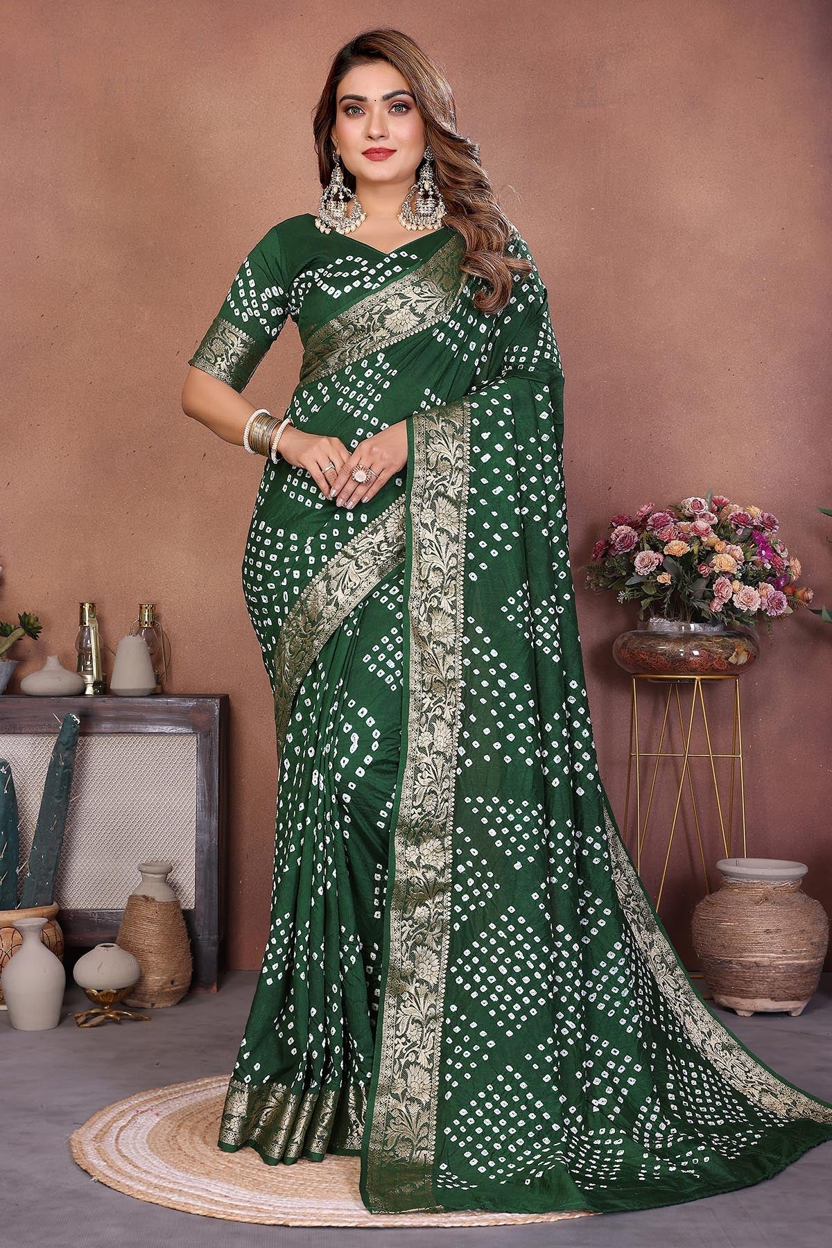 Buy Green Dola Silk Bandhej Saree for women by Aastha Fashion online available at scrollnshops
