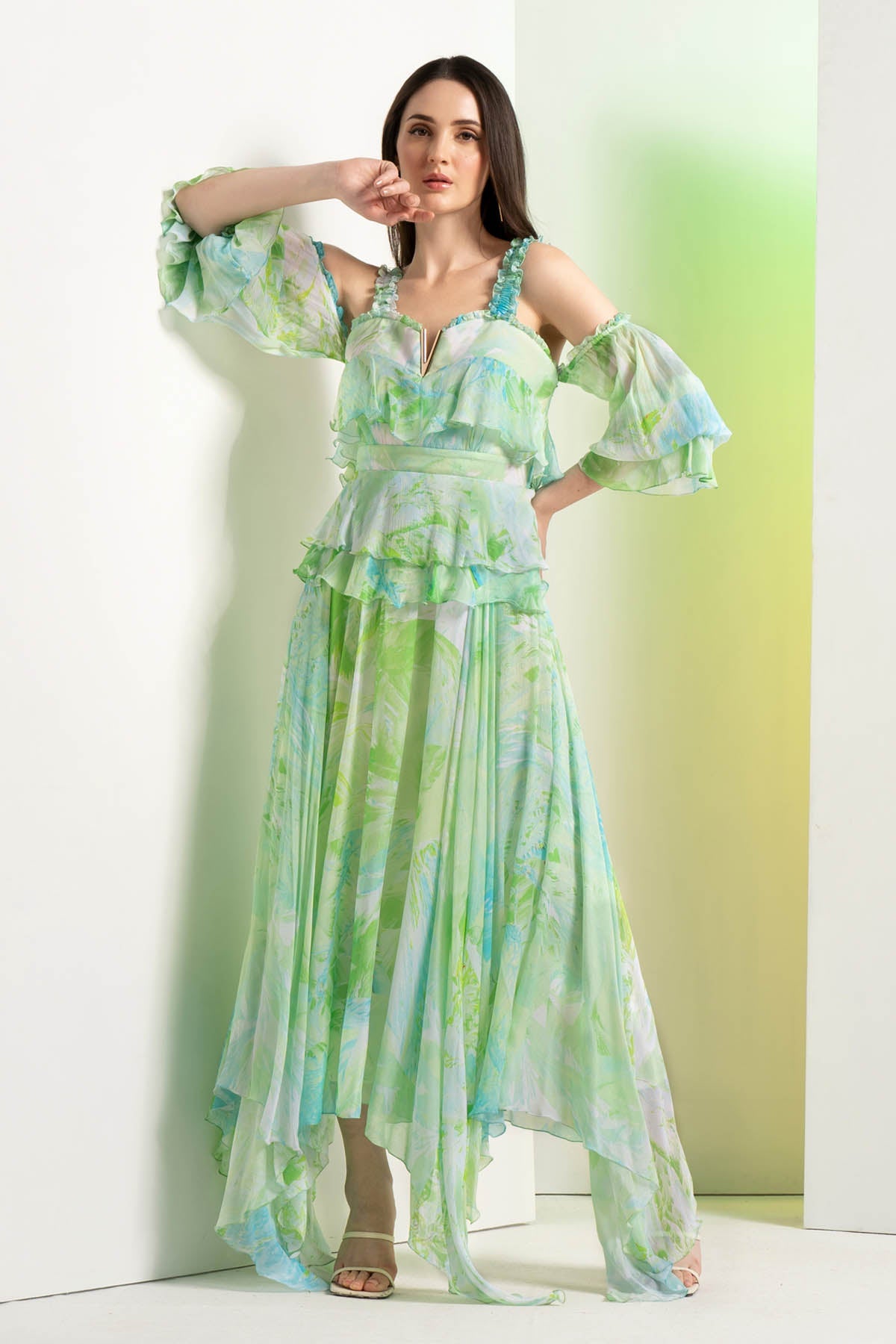 Buy Green Drop Shoulder Dress by Mandira Wirk