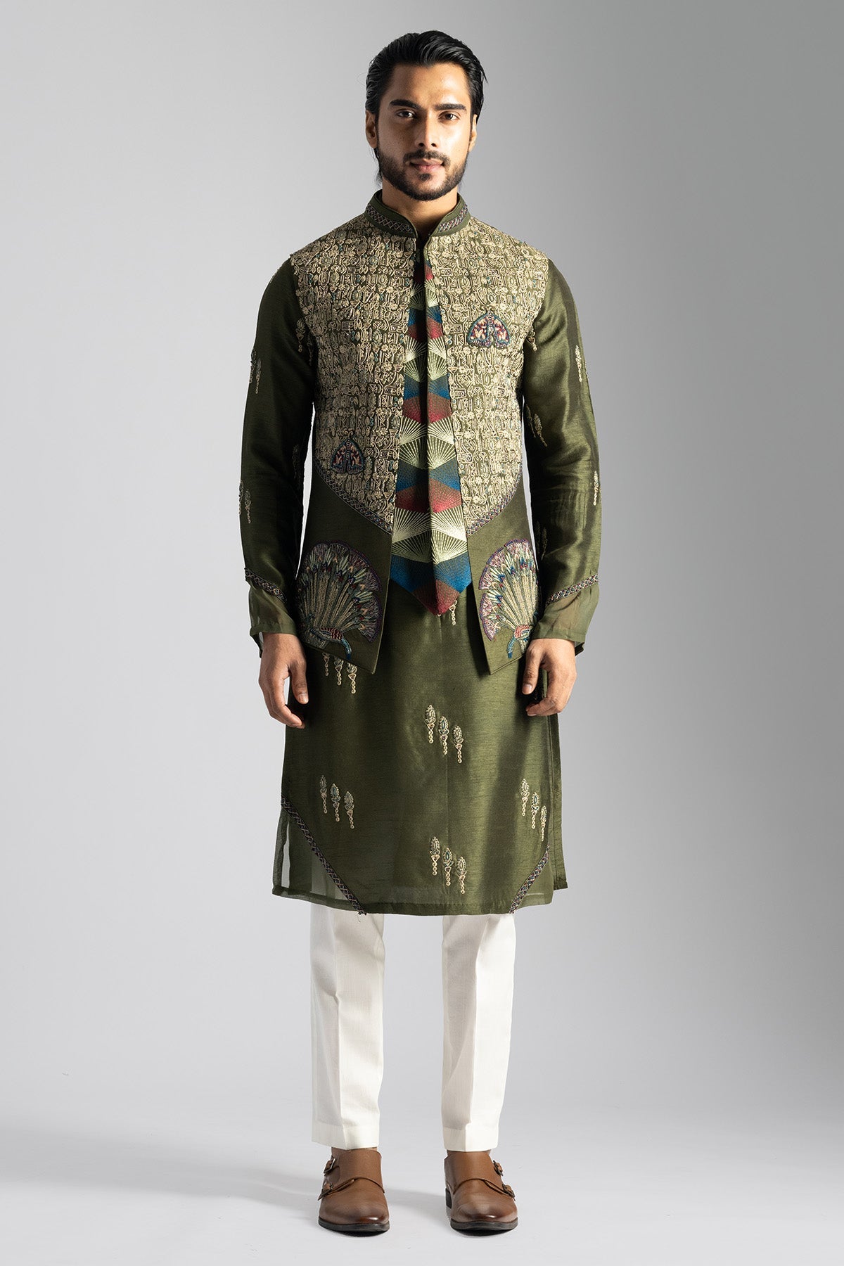 Buy Green Egyptian Bundi Kurta Set for men by Paarsh Atelier online available at scrollnshops