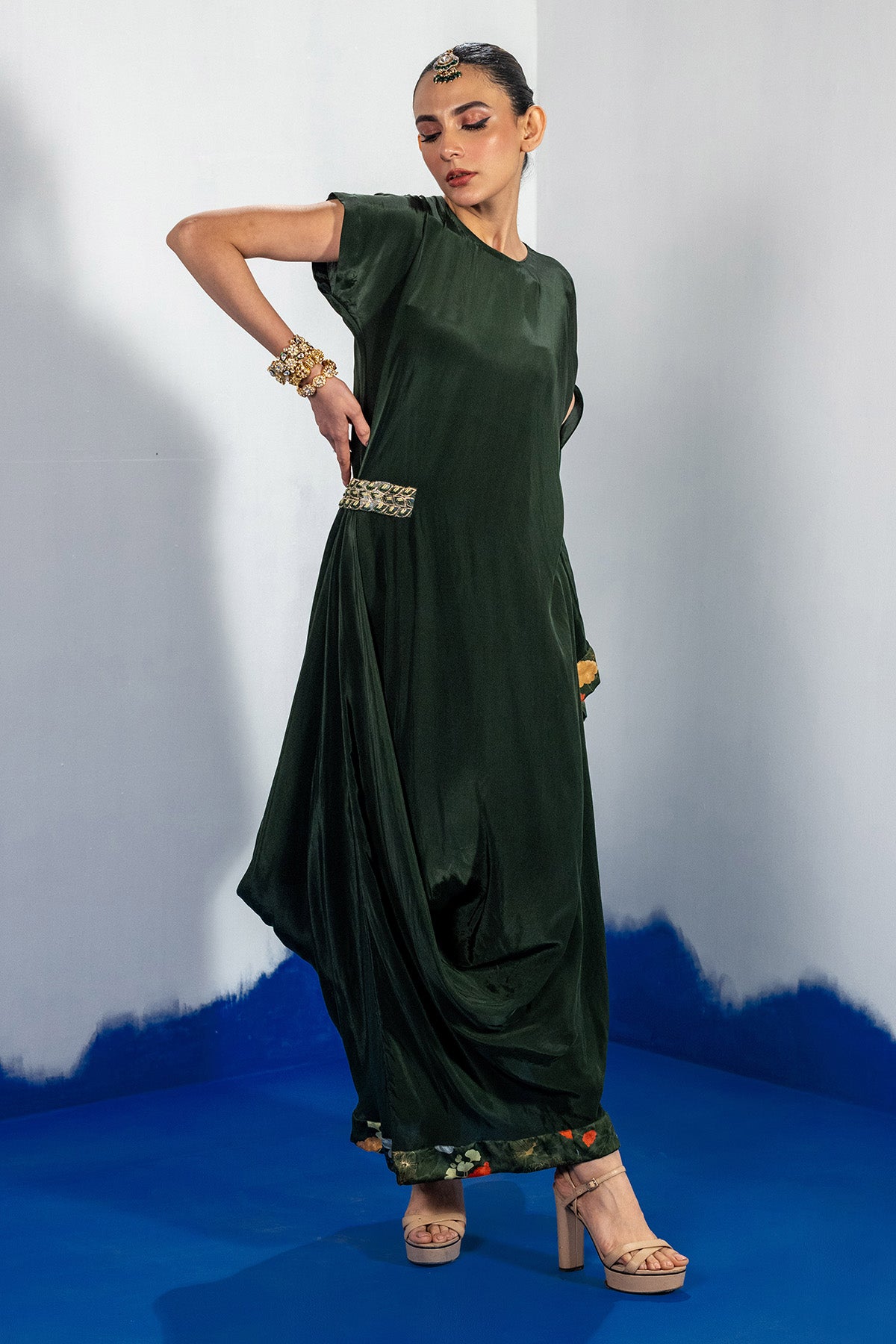 Green Embellished Draped Dress