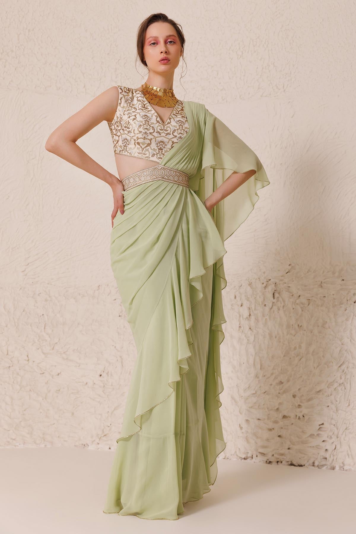 Chhaya Mehrotra Green Embellished Draped Saree for women online at ScrollnShops