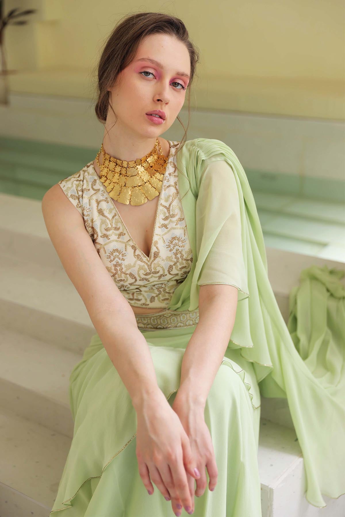 Green Embellished Draped Saree
