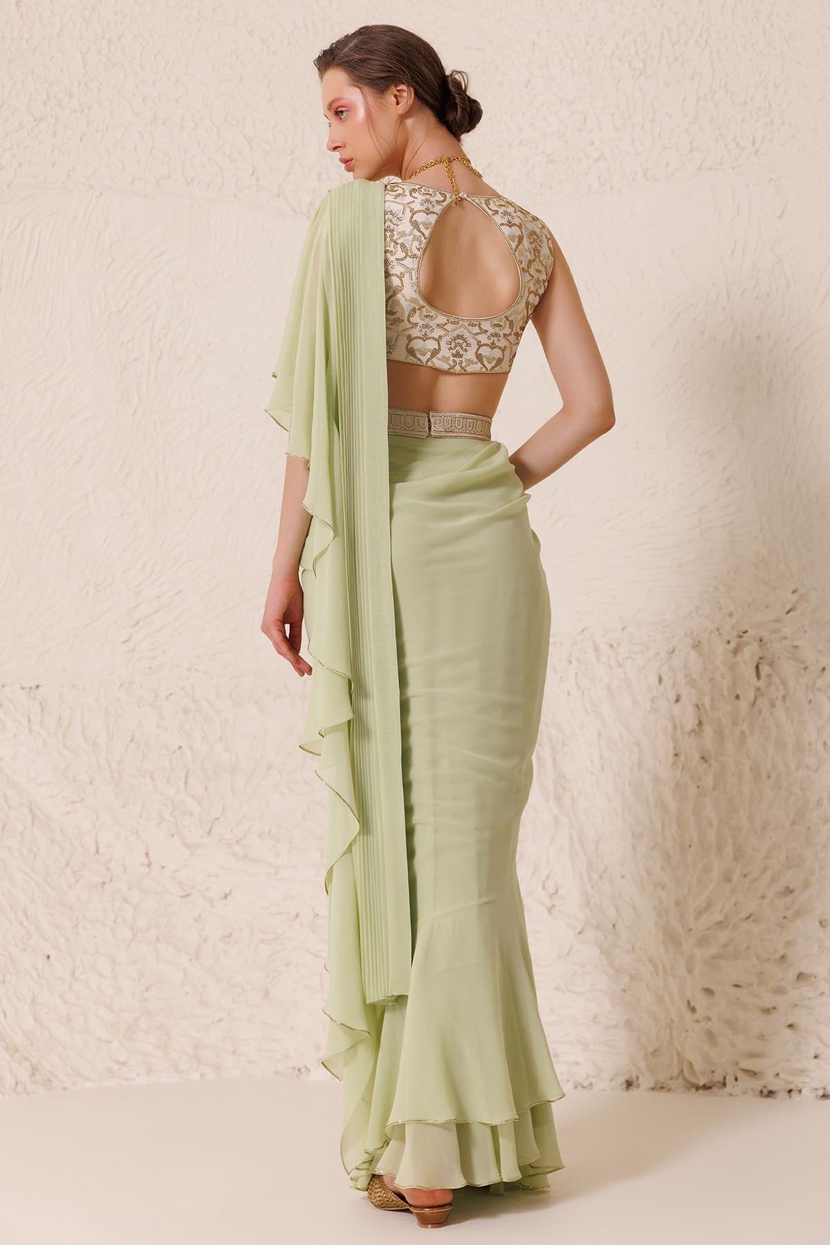 Green Embellished Draped Saree