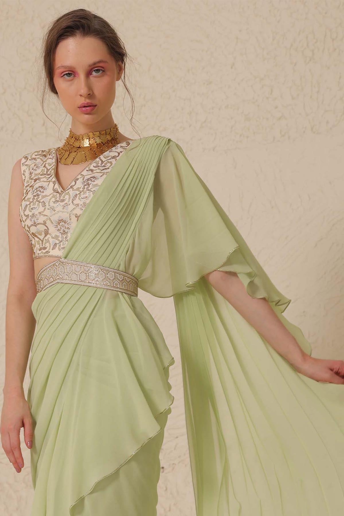 Green Embellished Draped Saree