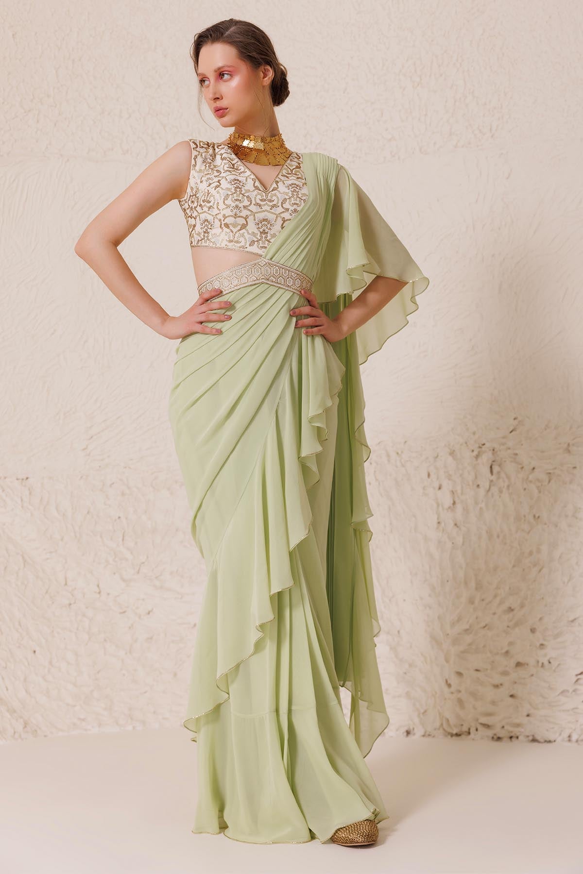 Green Embellished Draped Saree