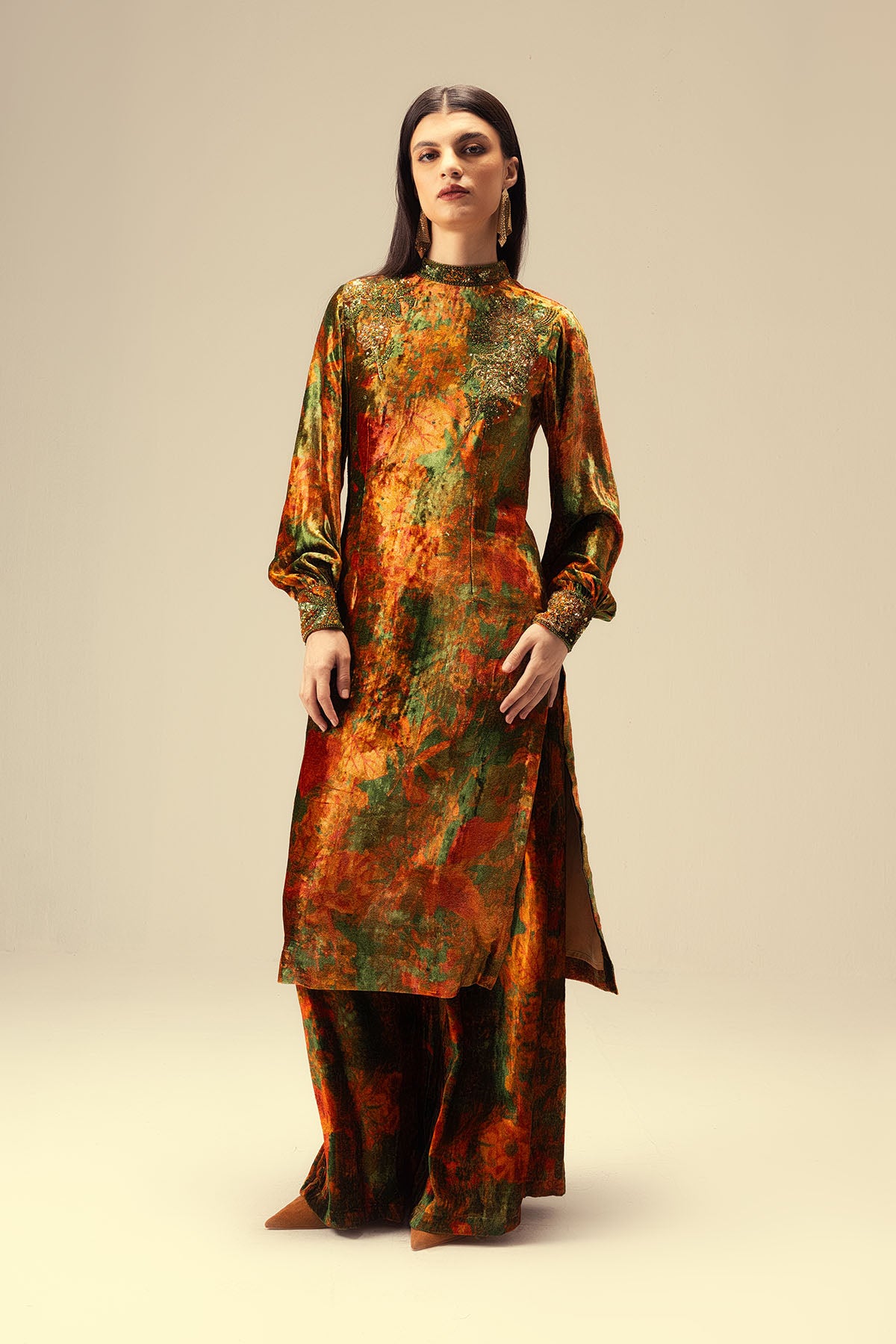 Green Embellished Long Tunic Set